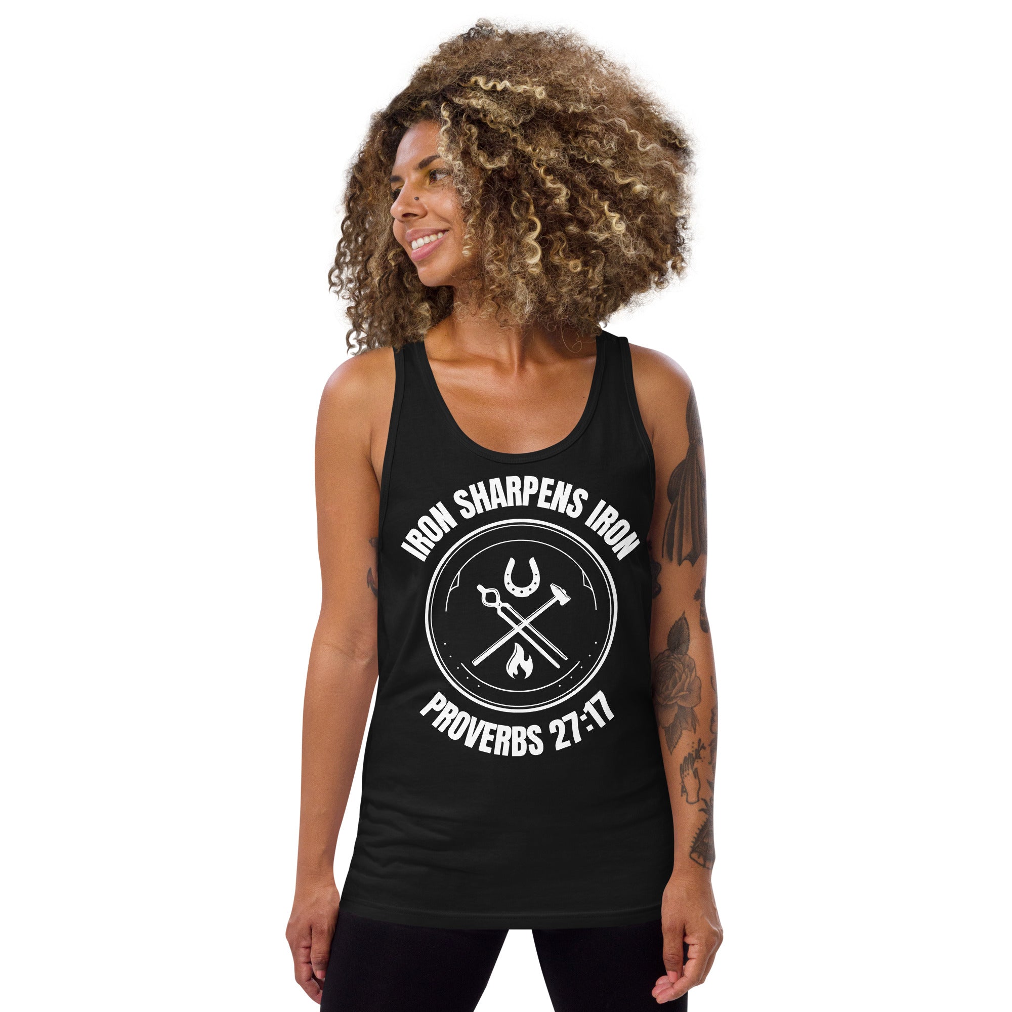 "Iron Sharpens Iron. Proverbs 27:17" Men's Tank Top White Text Circle Logo by Dumbbells and Hotels