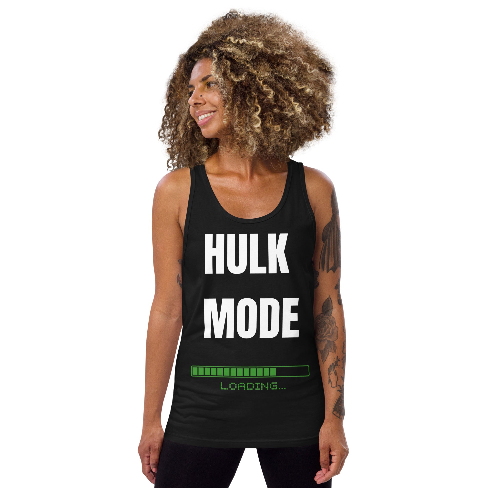 "Hulk Mode" Men's Tank Top White Text Green Loading by Dumbbells and Hotels