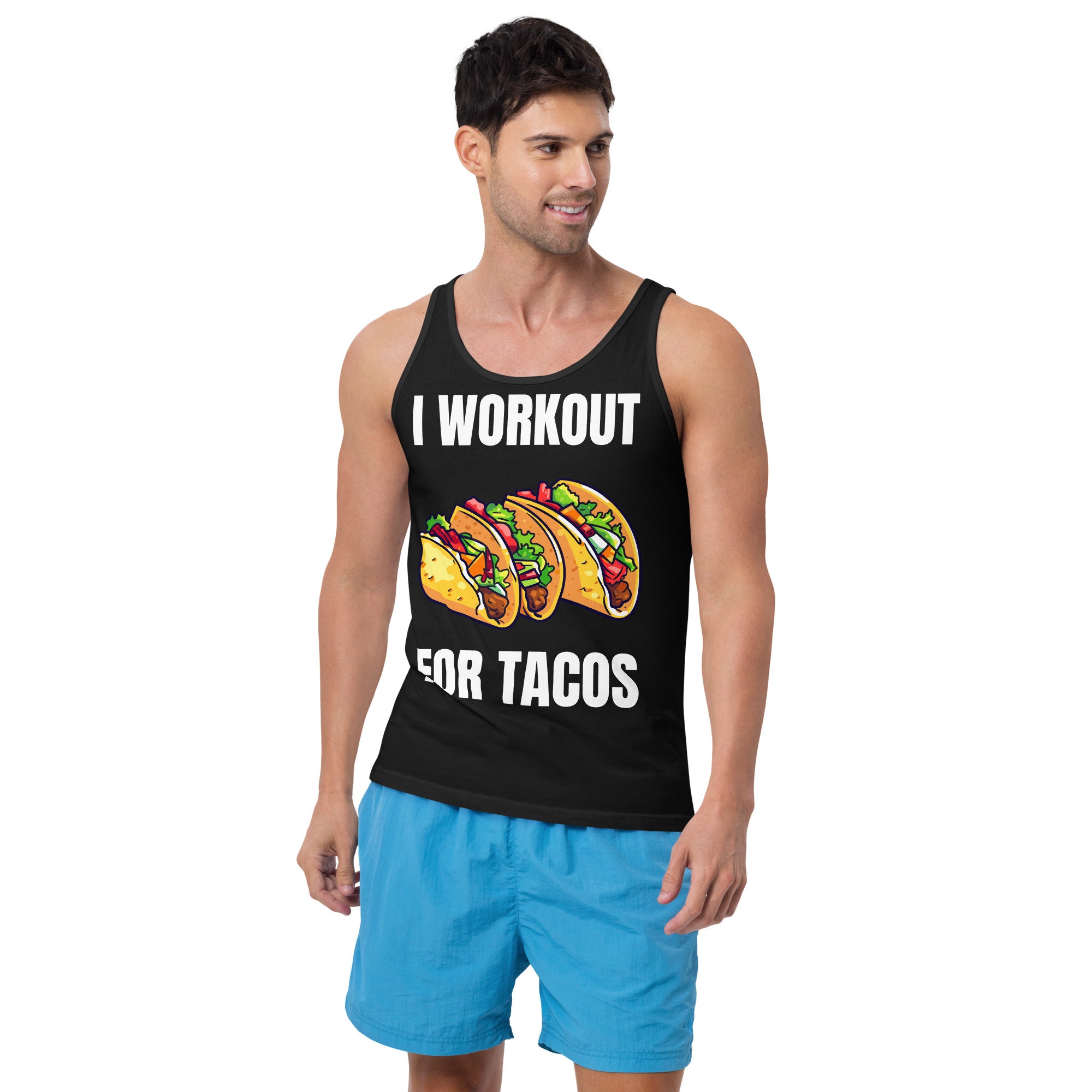 "I Workout for Tacos" Men's Tank Top White Text Three Tacos by Dumbbells and Hotels