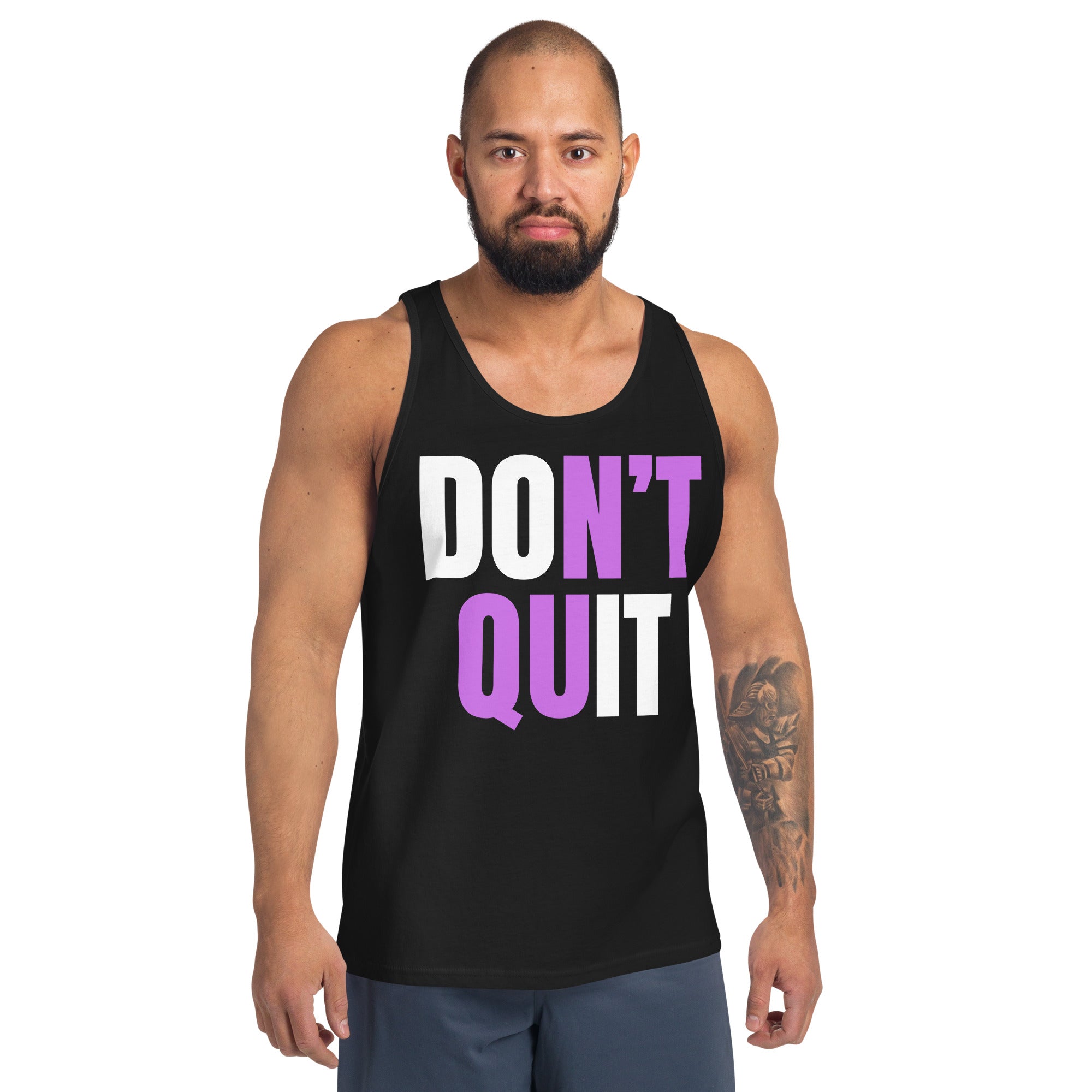 "Don't Quit" Men's Tank Top White & Purple Text by Dumbbells and Hotels