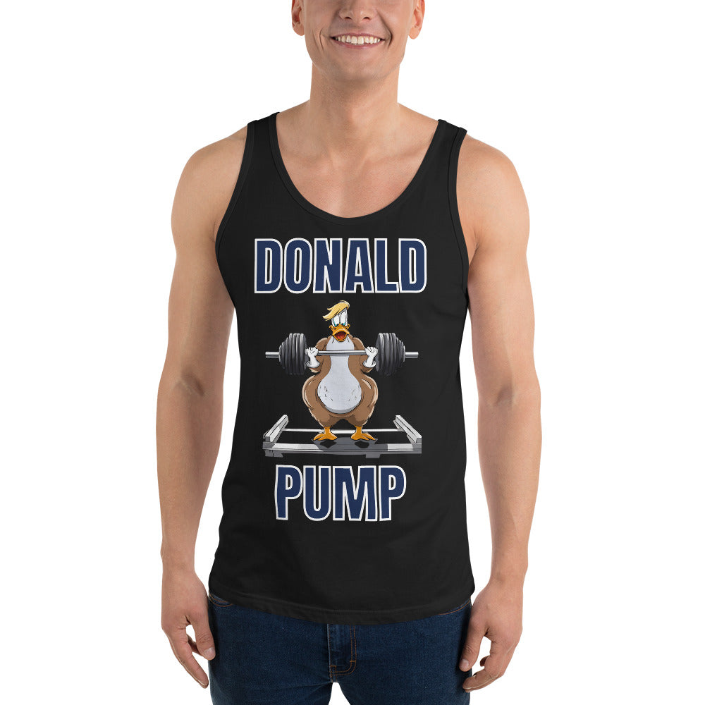 "Donald Pump" Men's Tank Top Blue Text Lifting Duck by Dumbbells and Hotels