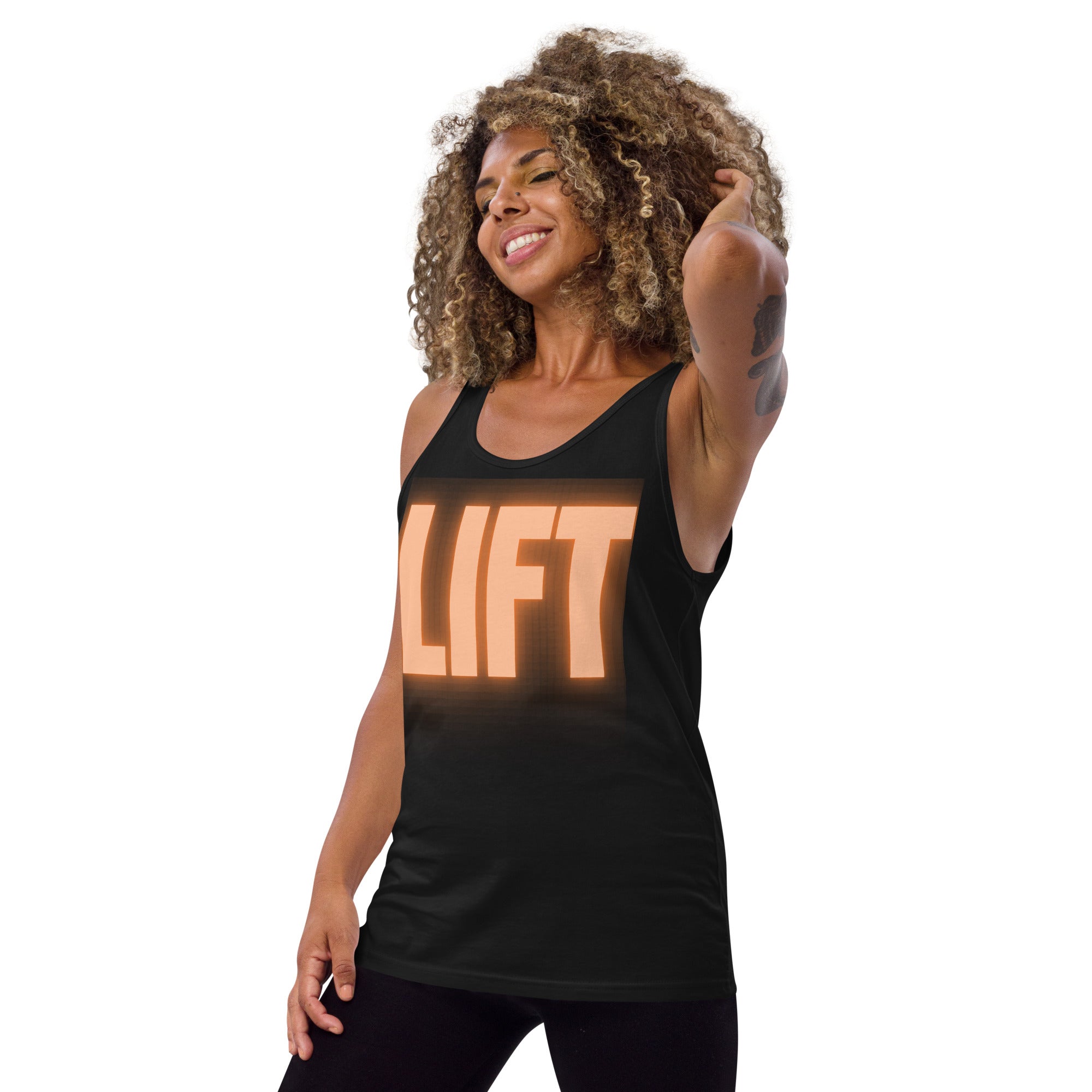 "Lift" Men's Tank Top Orange Text Glow by Dumbbells and Hotels