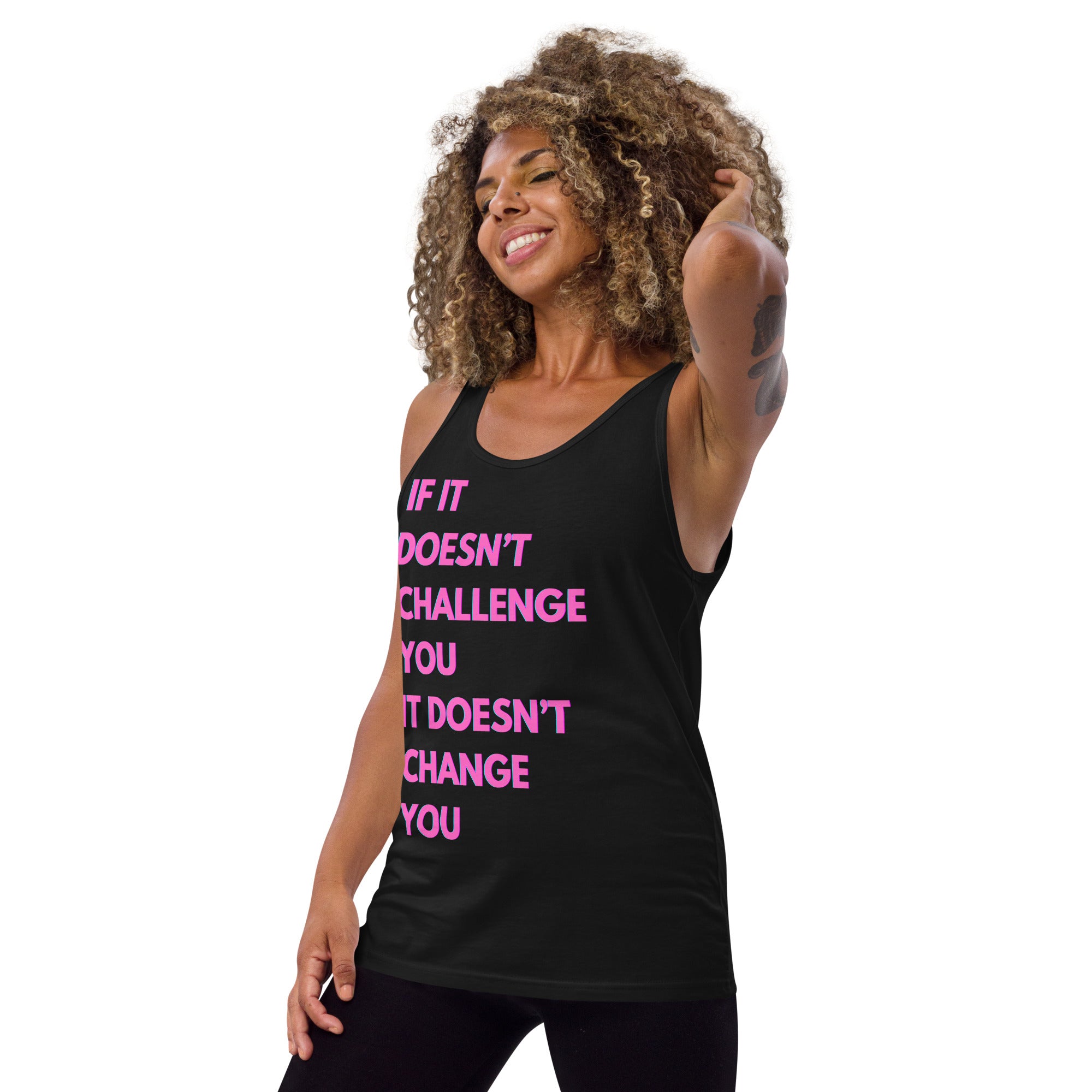 "If it Doesn't Challenge You, It Doesn't Change You" Men's Tank Top Pink Text Glitch by Dumbbells and Hotels