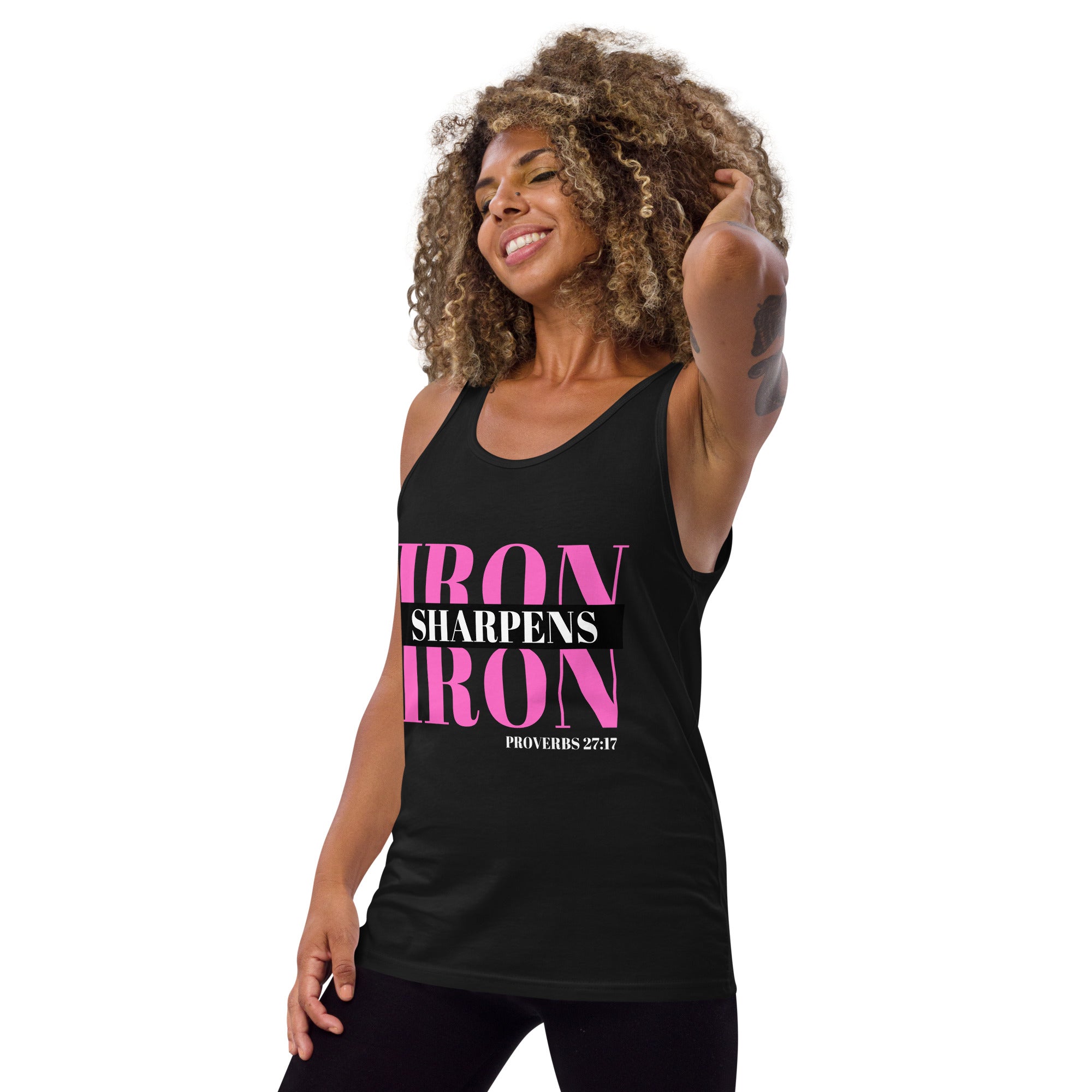 "Iron Sharpens Iron. Proverbs 27:17" Men's Tank Top Pink Text Stack by Dumbbells and Hotels