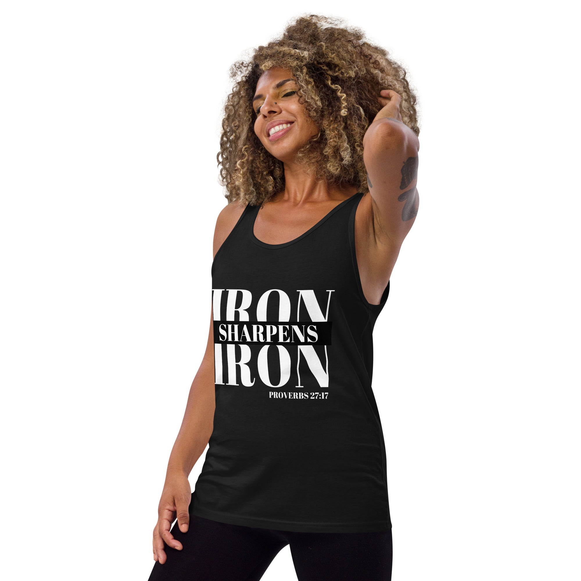 "Iron Sharpens Iron. Proverbs 27:17" Men's Tank Top White Text Stack by Dumbbells and Hotels