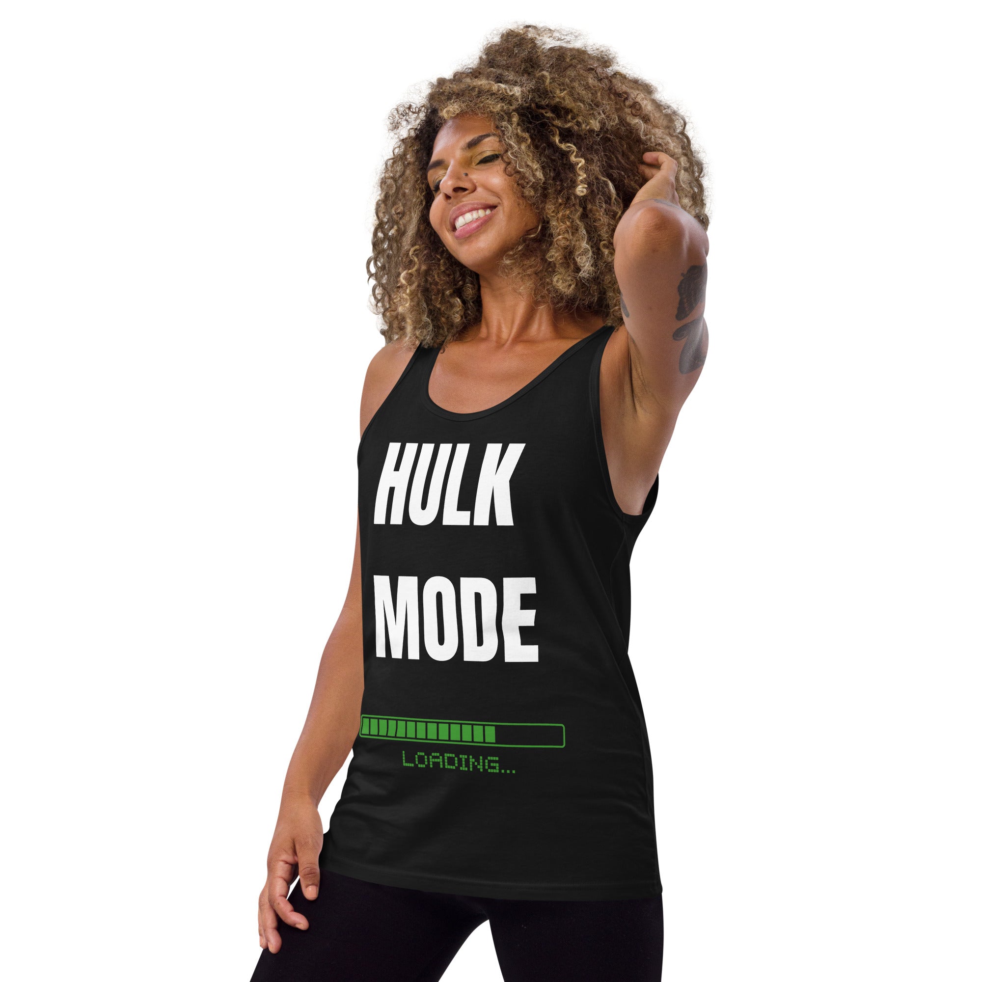 "Hulk Mode" Men's Tank Top White Text Green Loading by Dumbbells and Hotels