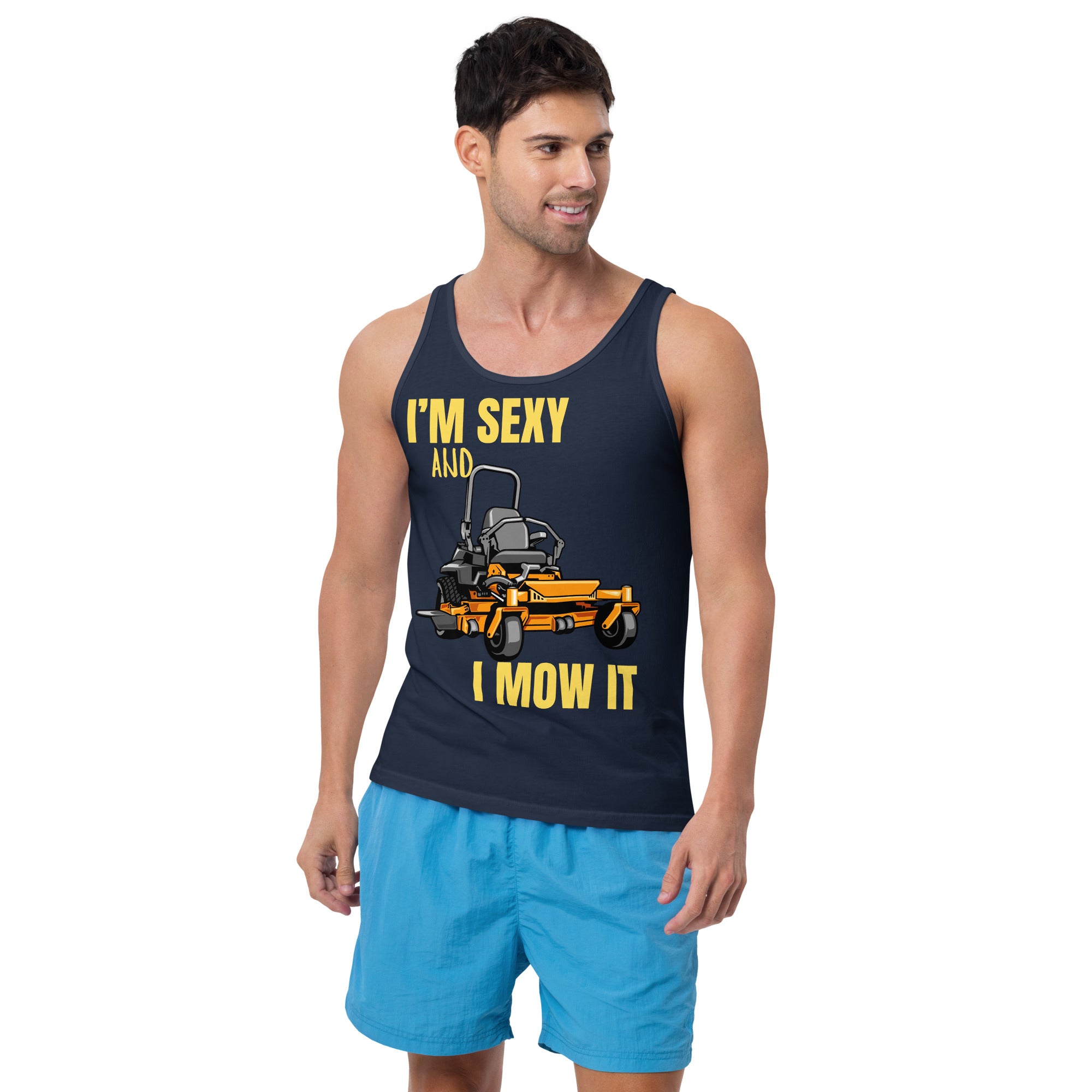 "I'm Sexy and I Mow it" Men's Tank Top Yellow Text Cartoon Mower by Dumbbells and Hotels