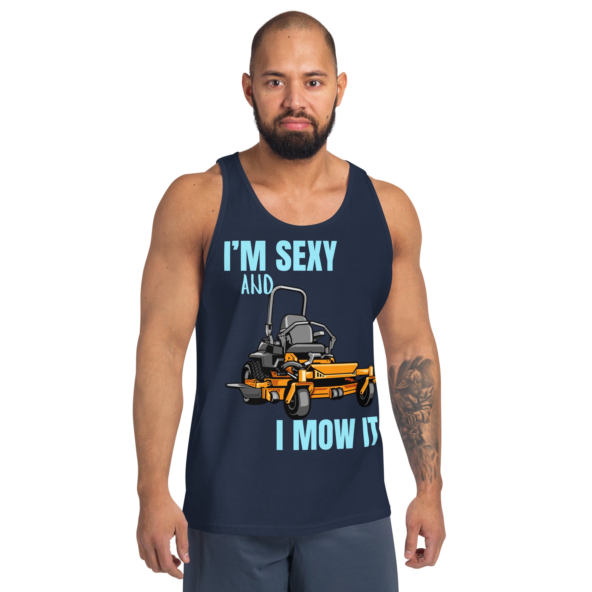 "I'm Sexy and I Mow it" Men's Tank Top Turquoise Text Cartoon Mower by Dumbbells and Hotels