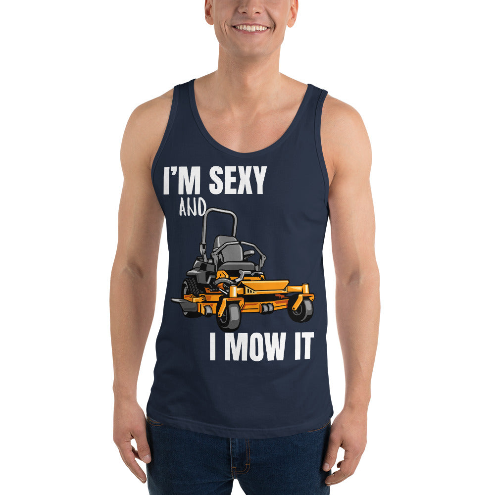 "I'm Sexy and I Mow it" Men's Tank Top White Text Cartoon Mower by Dumbbells and Hotels