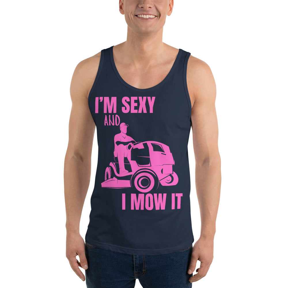 "I'm Sexy and I Mow it" Men's Tank Top Pink Text Subdued Mower by Dumbbells and Hotels