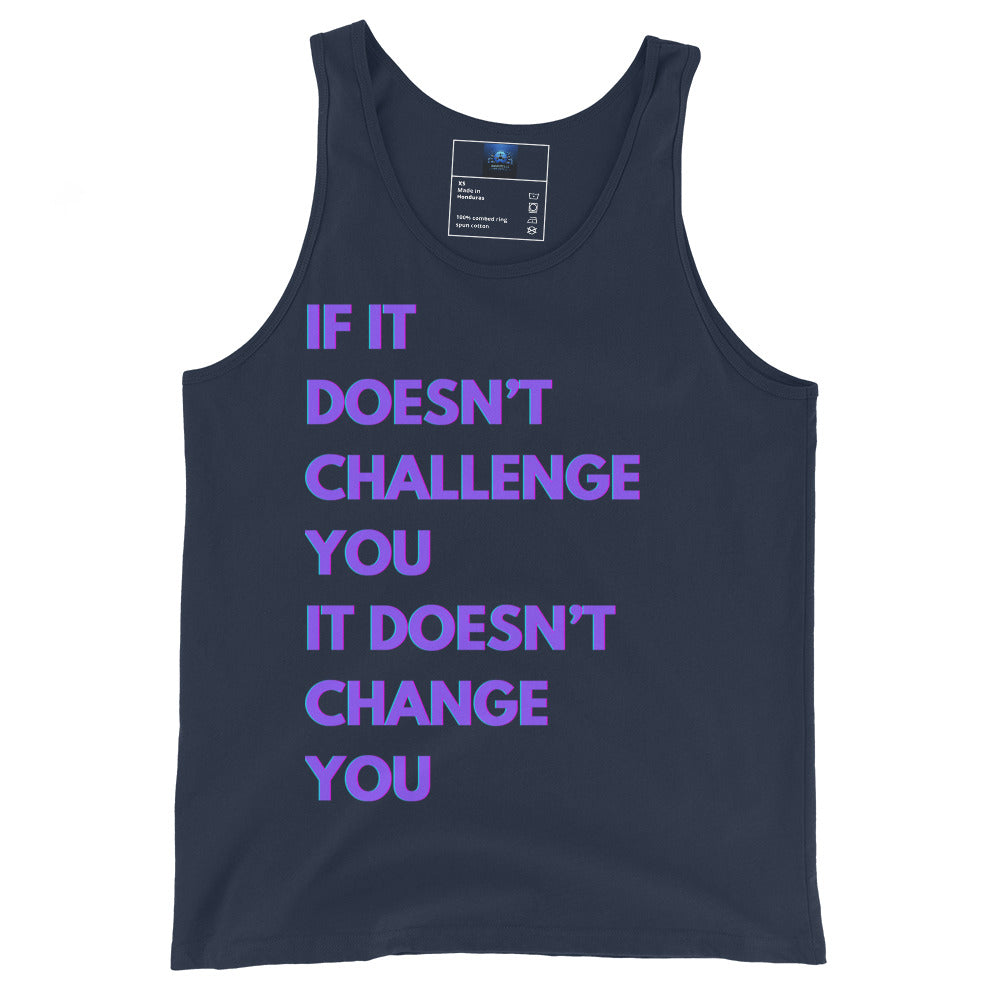 "If it Doesn't Challenge You, It Doesn't Change You" Men's Tank Top Purple Text Glitch by Dumbbells and Hotels