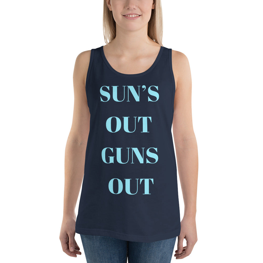 "Sun's Out, Guns Out" Men's Tank Top Turquoise Text Glitch by Dumbbells and Hotels