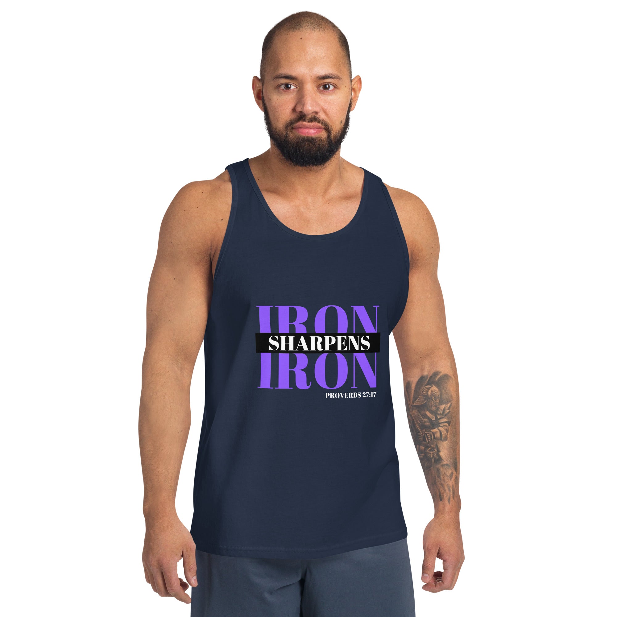 "Iron Sharpens Iron. Proverbs 27:17" Men's Tank Top Purple Text Stack by Dumbbells and Hotels