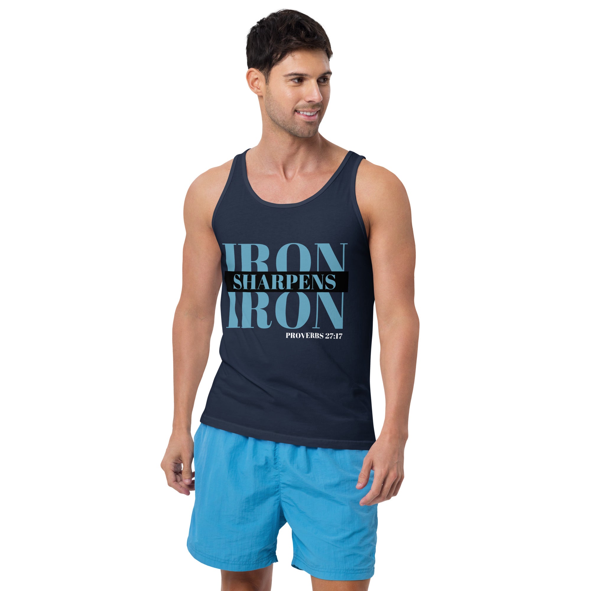 "Iron Sharpens Iron. Proverbs 27:17" Men's Tank Top Turquoise Text Stack by Dumbbells and Hotels