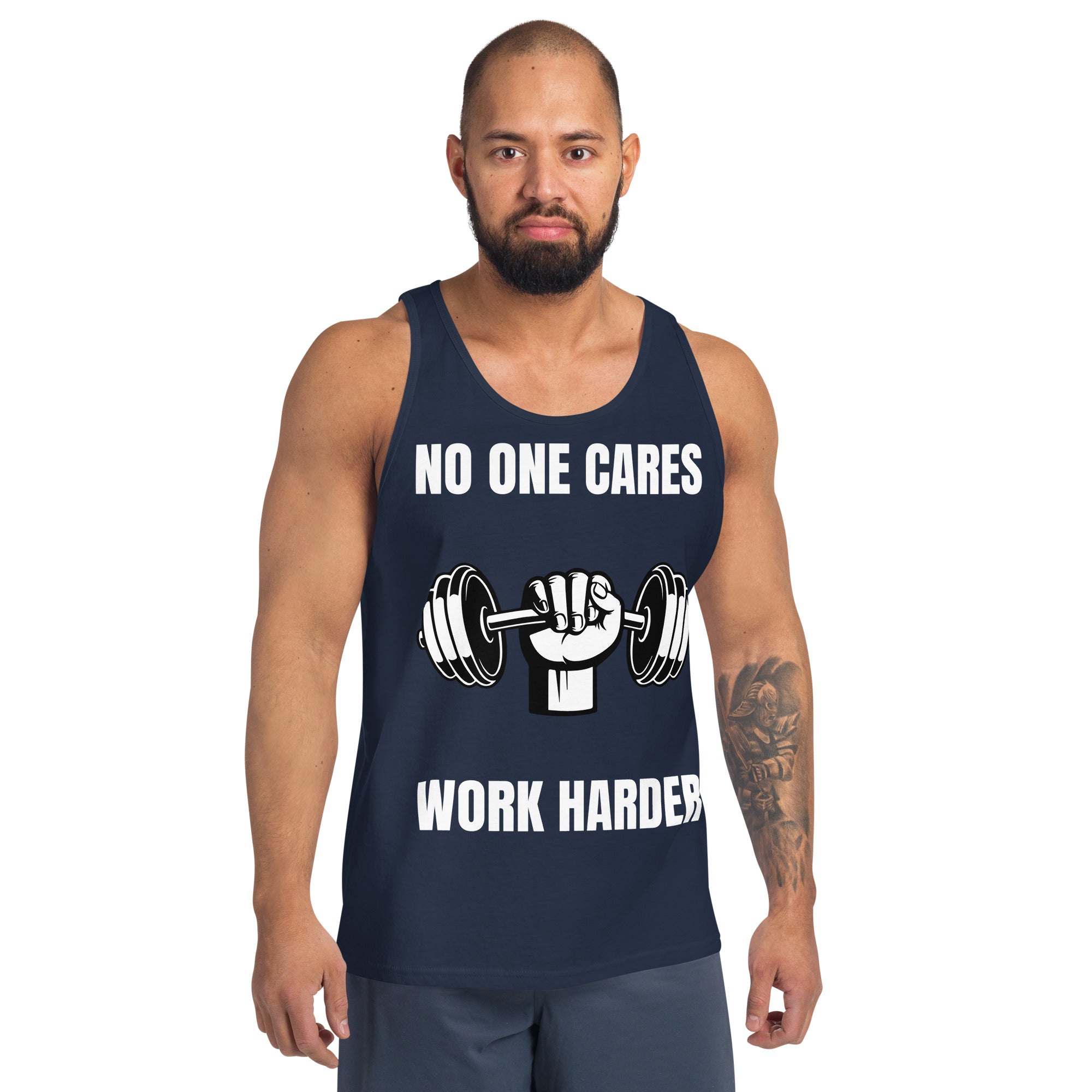 "No One Cares. Work Harder" Men's Tank Top White Text Hand & Dumbbell by Dumbbells and Hotels