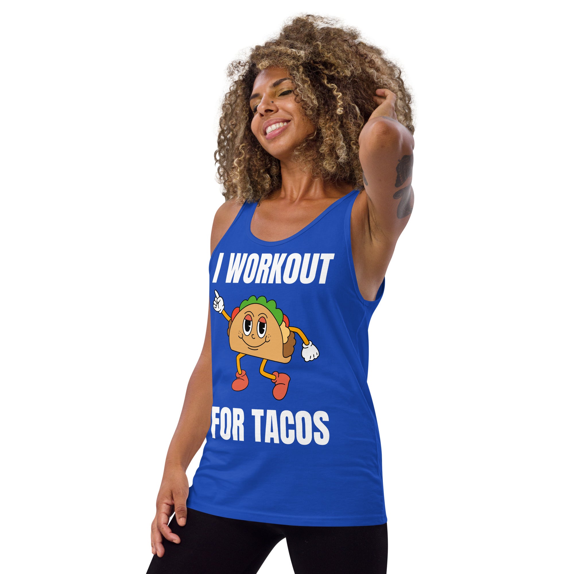 "I Workout for Tacos" Men's Tank Top White Text Dancing Taco by Dumbbells and Hotels