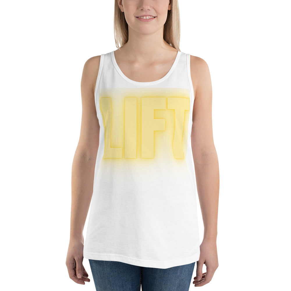 "Lift" Men's Tank Top Yellow Text Glow by Dumbbells and Hotels