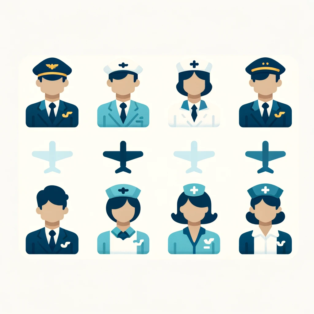 Icons of pilots, nurses, and airplanes, representing workout plans tailored for traveling professionals such as pilots, flight attendants, and travel nurses.
