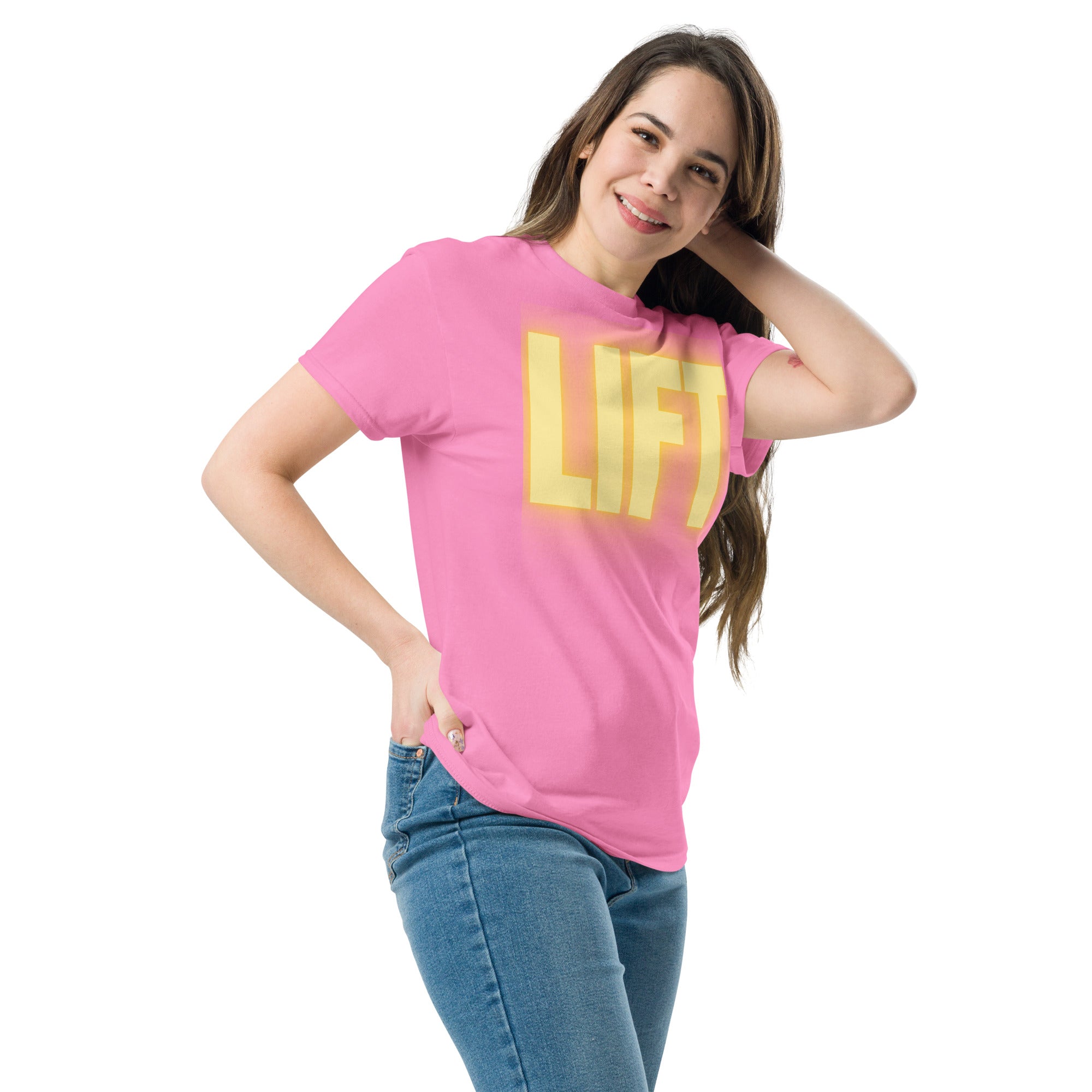 "Lift" Unisex Classic Tee Yellow Text Glow by Dumbbells and Hotels