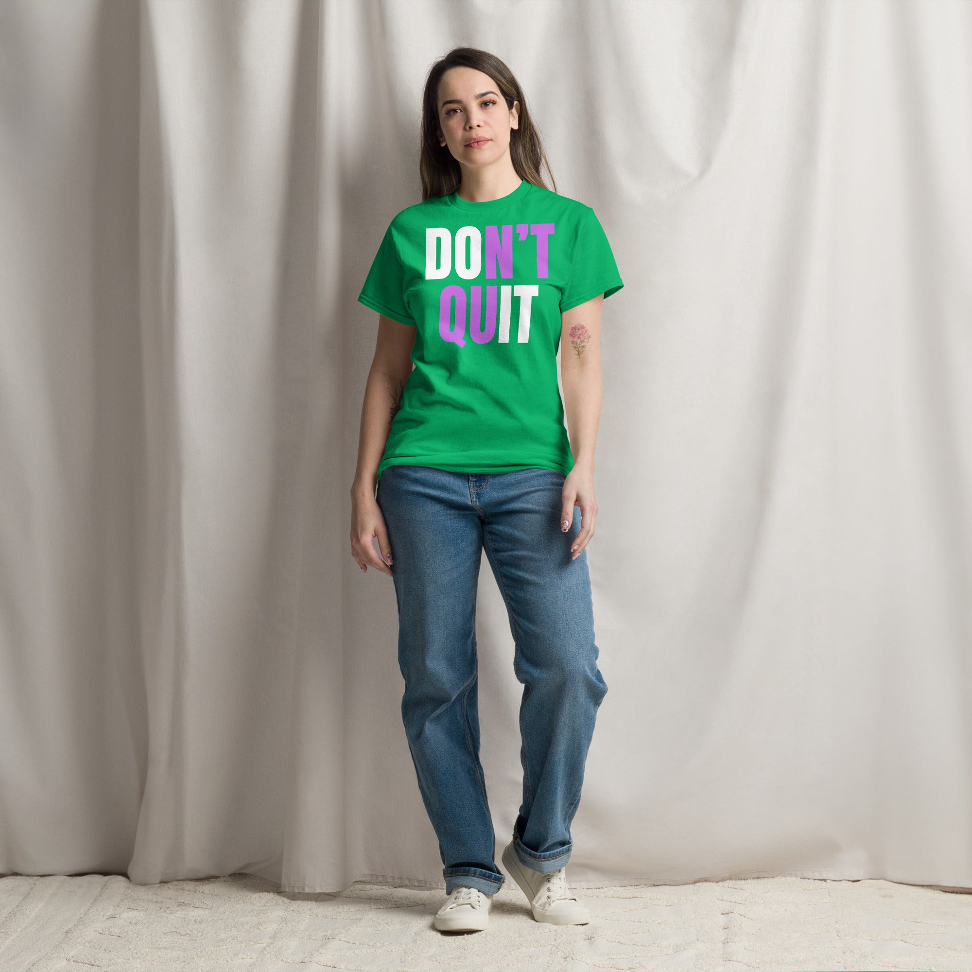 "Don't Quit" Unisex Classic Tee White & Purple Text by Dumbbells and Hotels