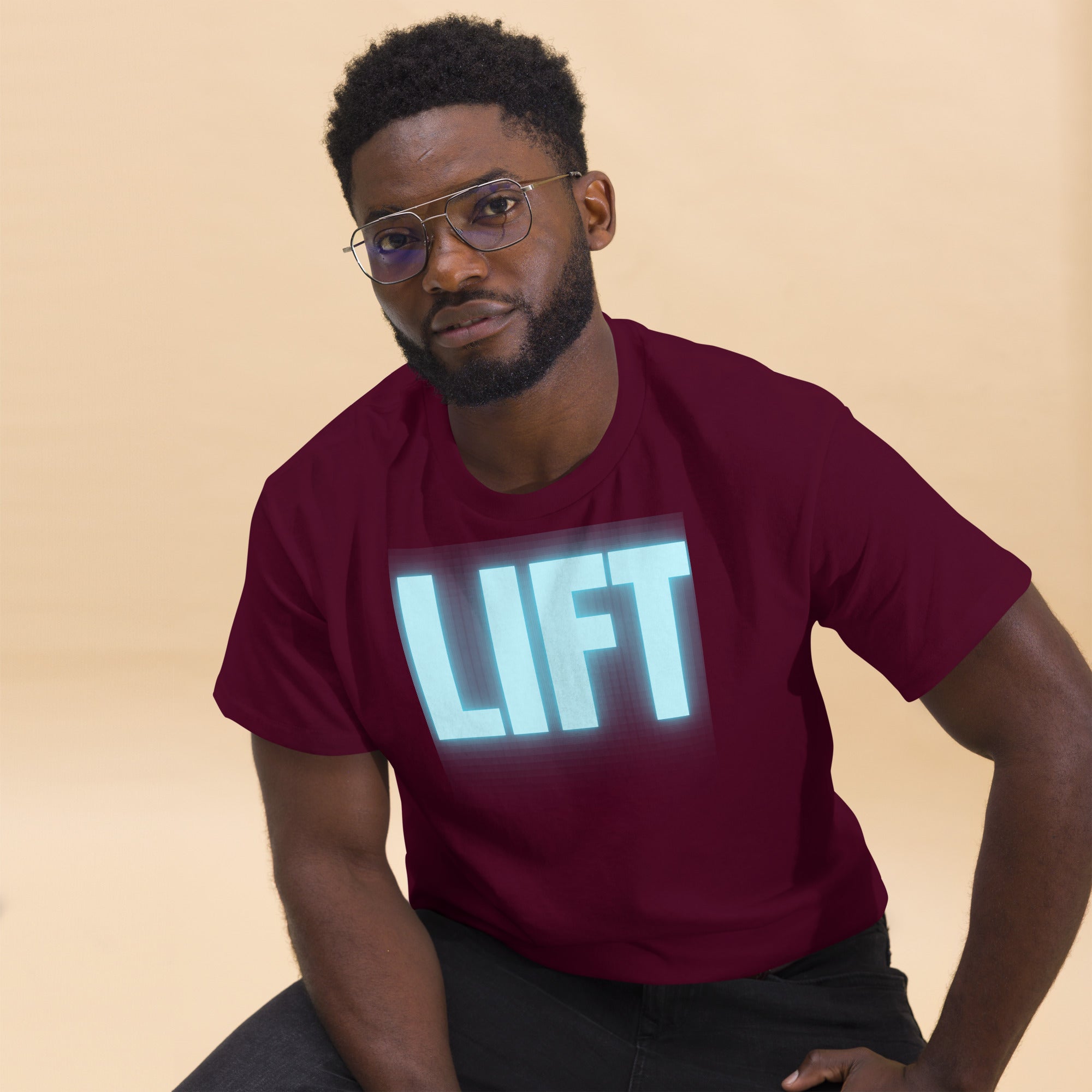 "Lift" Unisex Classic Tee Turquoise Text Glow by Dumbbells and Hotels