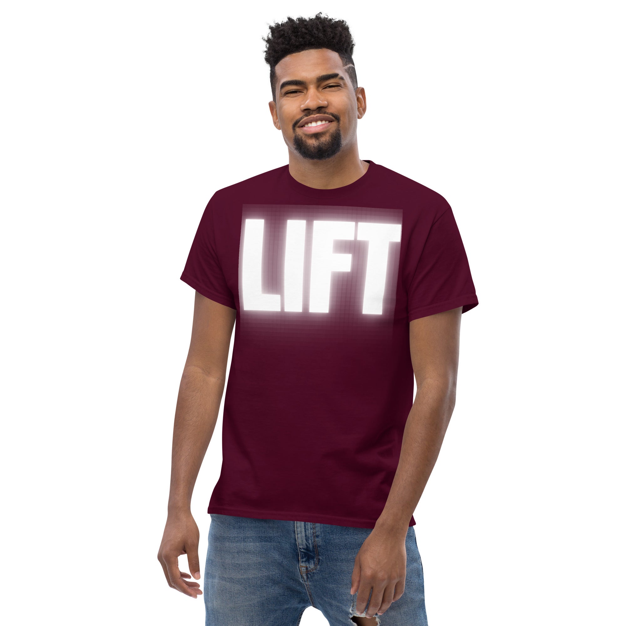 "Lift" Unisex Classic Tee White Text Glow by Dumbbells and Hotels