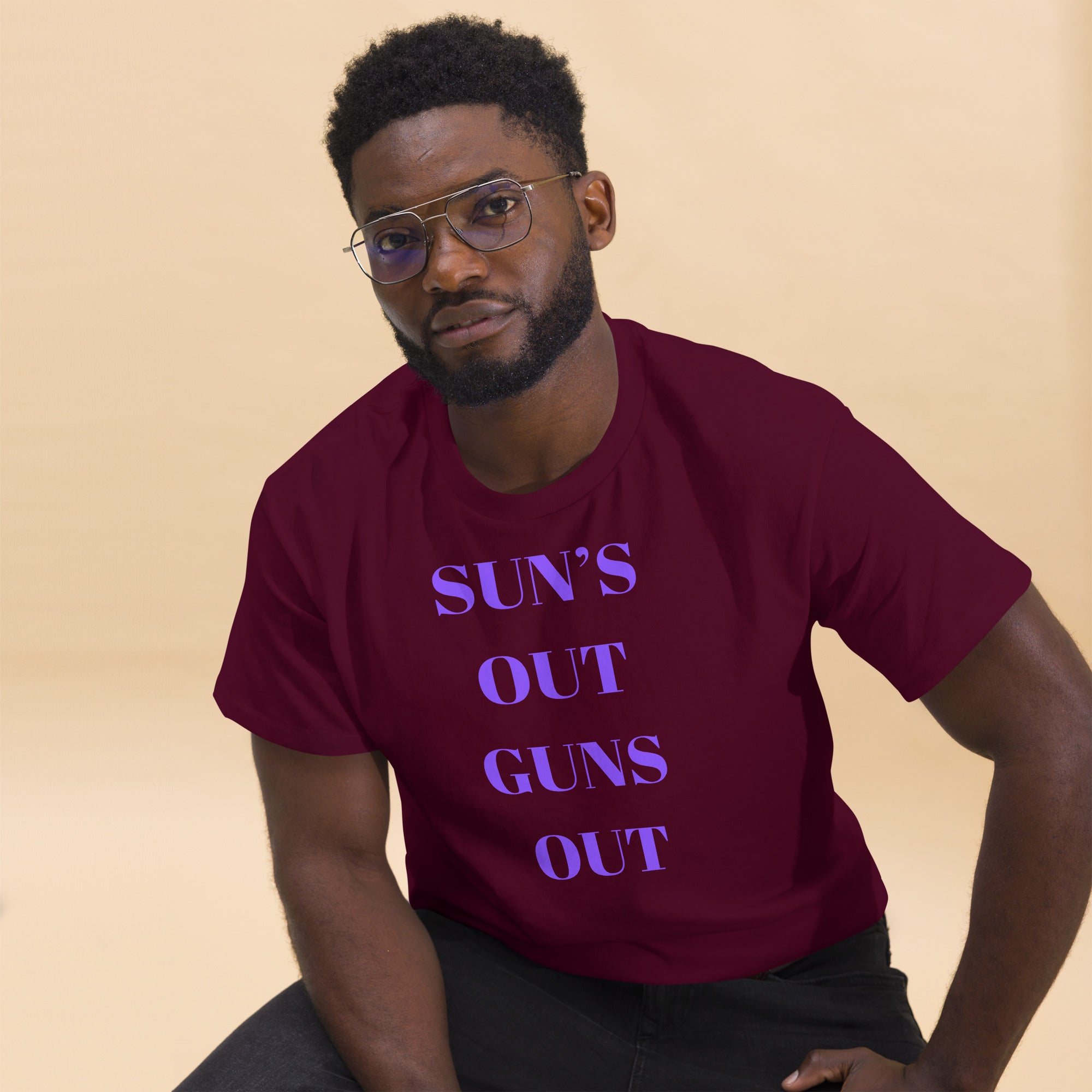 "Sun's Out, Guns Out" Unisex Classic Tee Purple Text Glitch by Dumbbells and Hotels