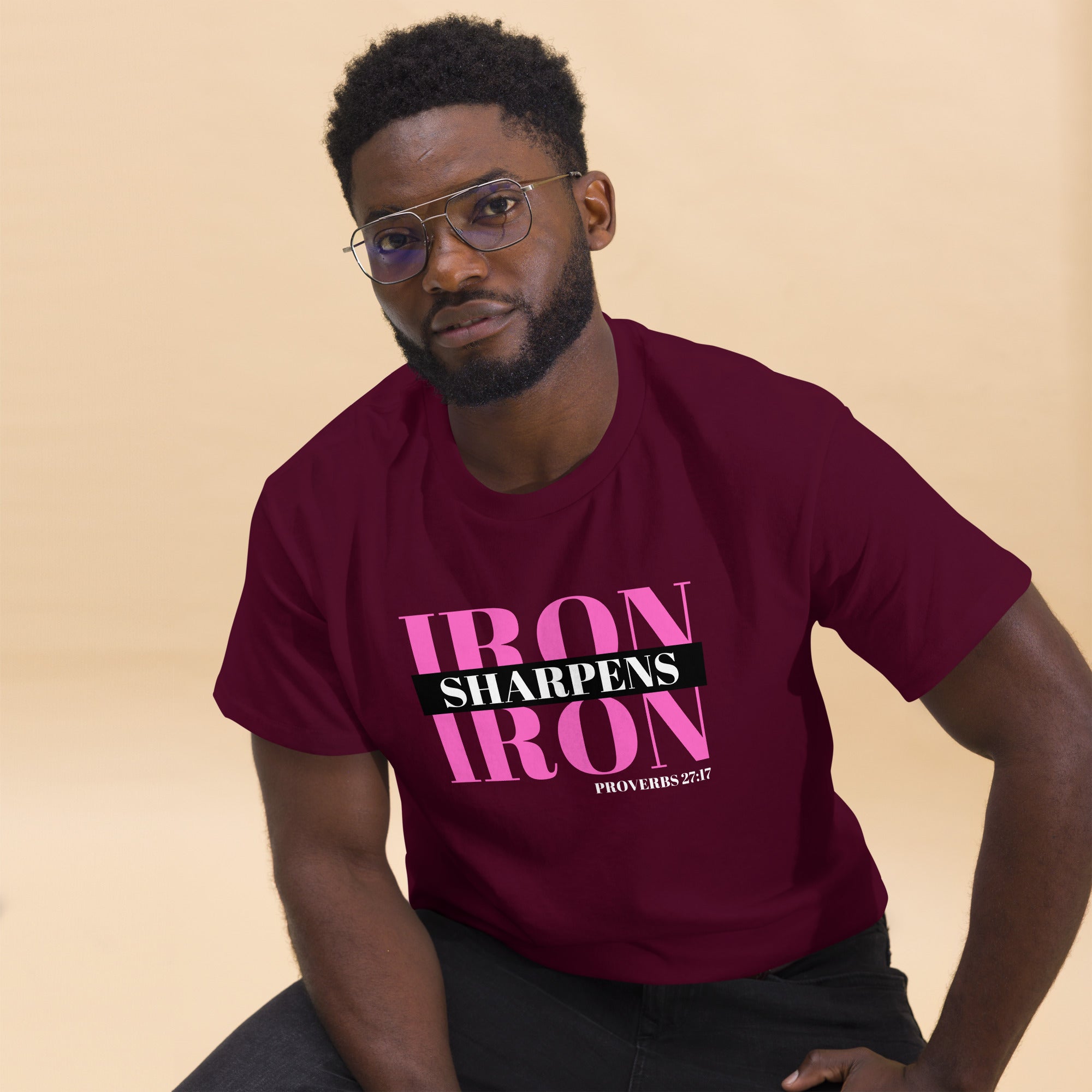 "Iron Sharpens Iron. Proverbs 27:17" Unisex Classic Tee Pink Text Stack by Dumbbells and Hotels