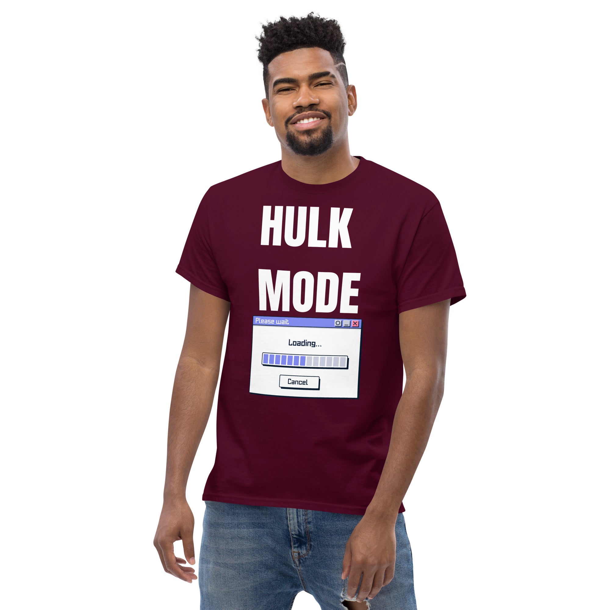 "Hulk Mode" Unisex Classic Tee White Text PC Loading by Dumbbells and Hotels