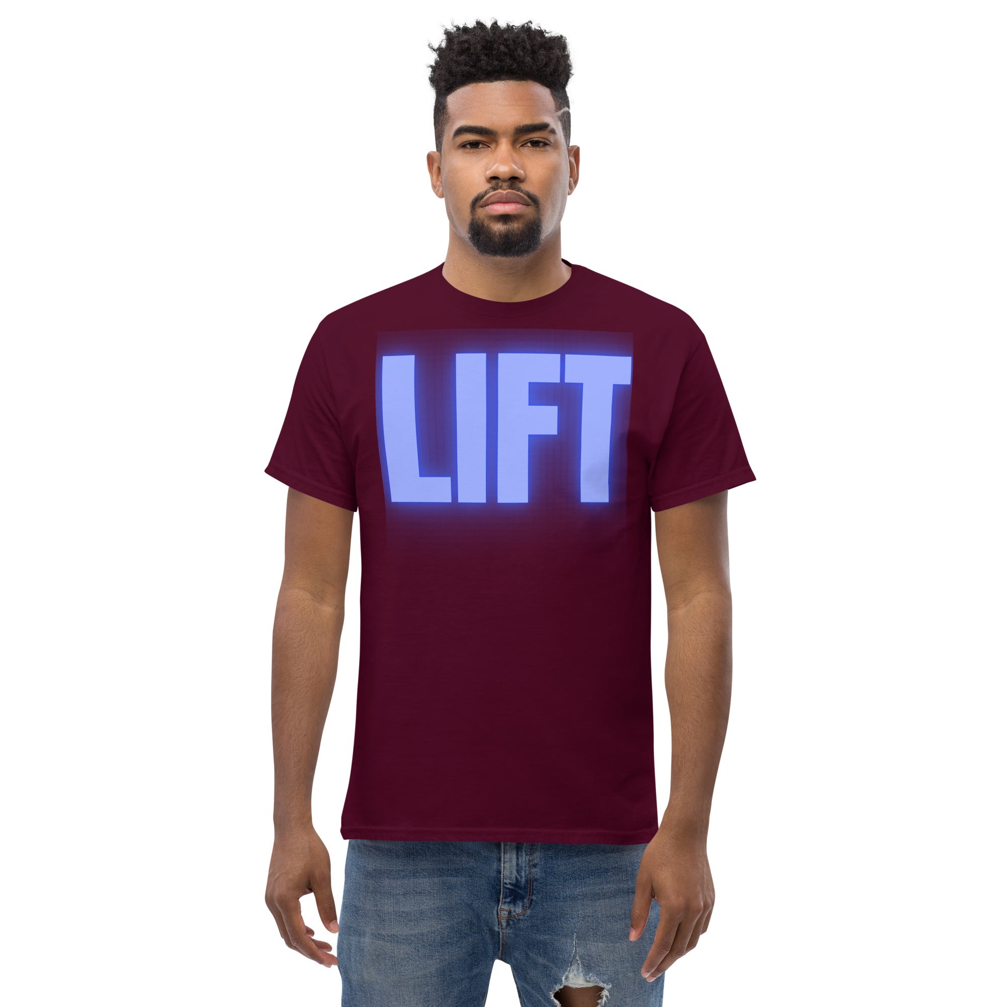 "Lift" Unisex Classic Tee Blue Text Glow by Dumbbells and Hotels