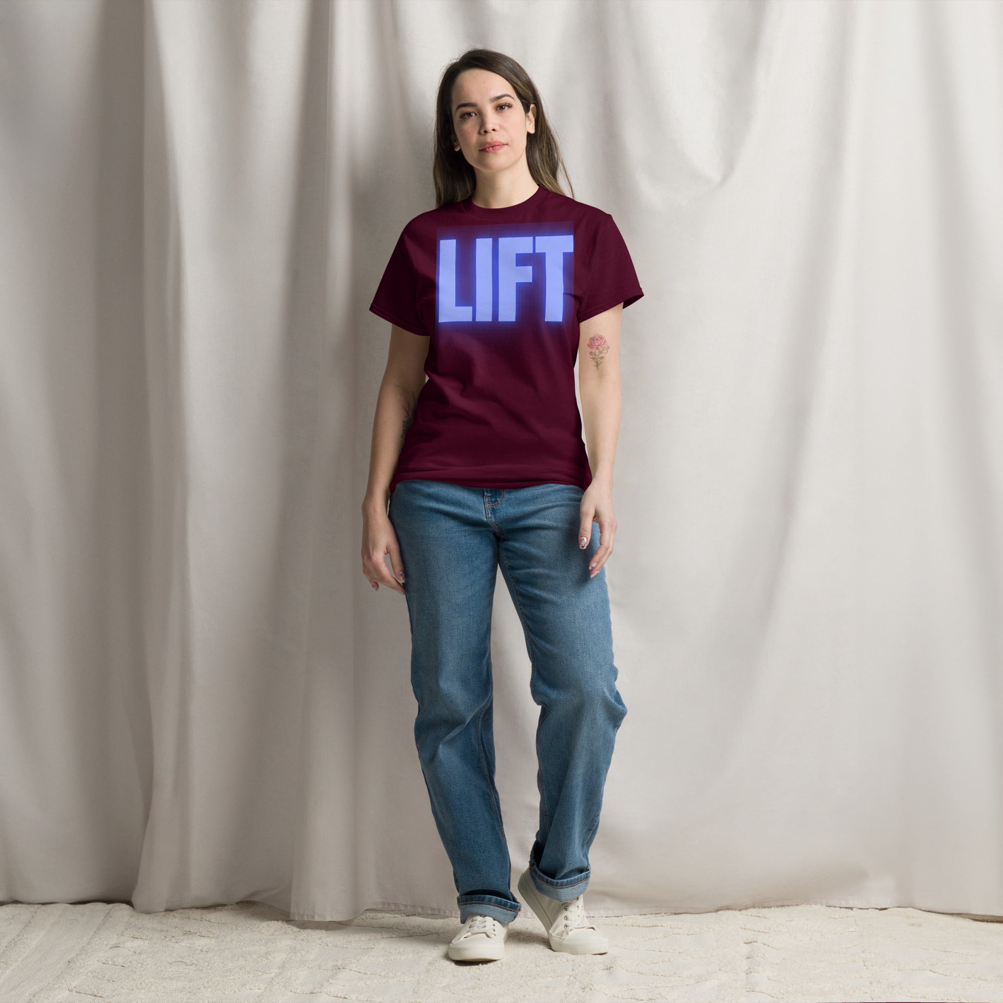 "Lift" Unisex Classic Tee Blue Text Glow by Dumbbells and Hotels