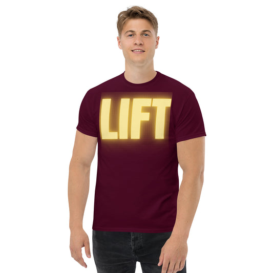 "Lift" Unisex Classic Tee Yellow Text Glow by Dumbbells and Hotels