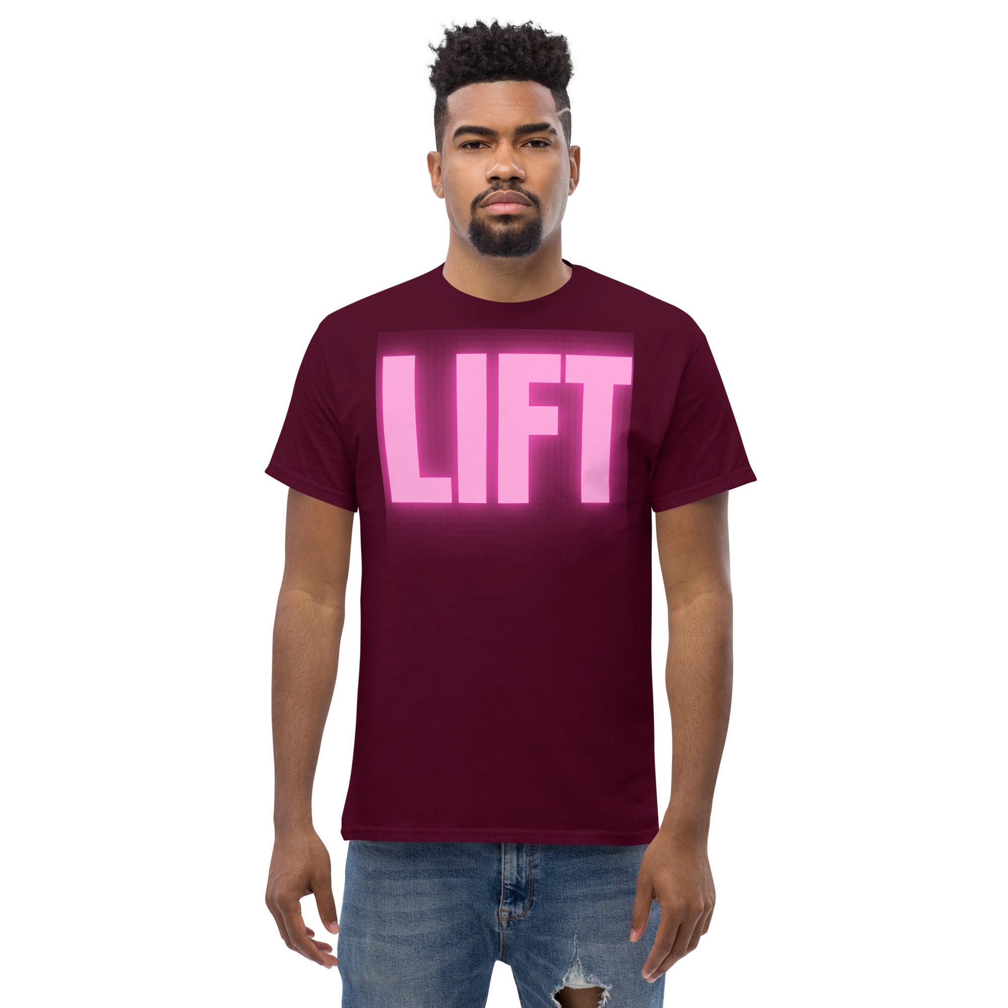 "Lift" Unisex Classic Tee Pink Text Glow by Dumbbells and Hotels