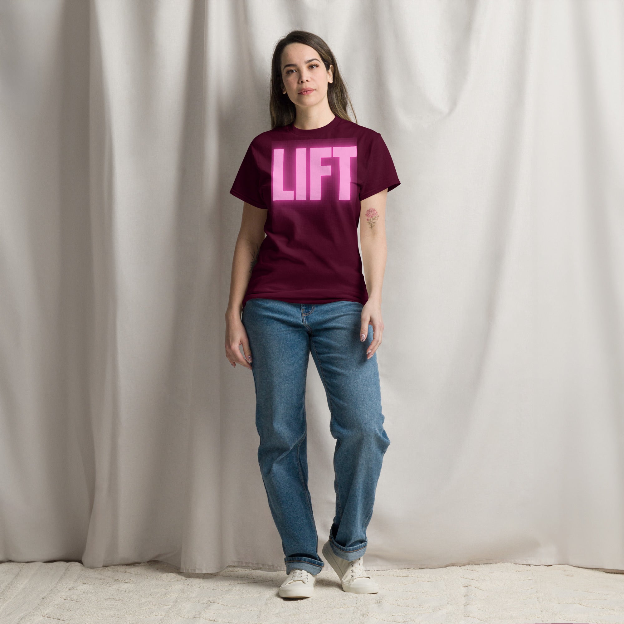 "Lift" Unisex Classic Tee Pink Text Glow by Dumbbells and Hotels