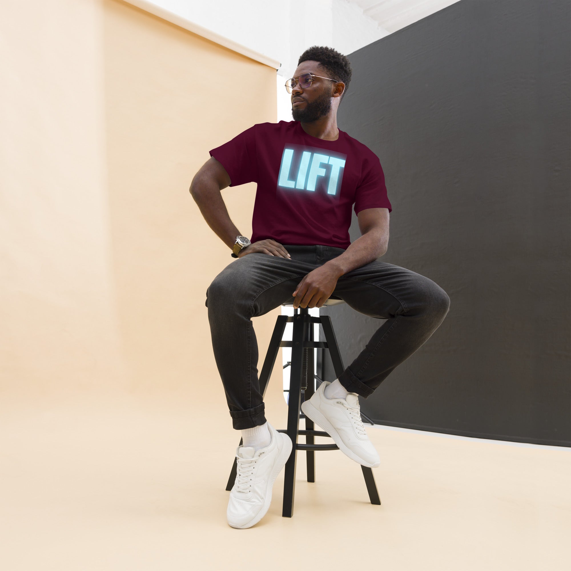 "Lift" Unisex Classic Tee Turquoise Text Glow by Dumbbells and Hotels