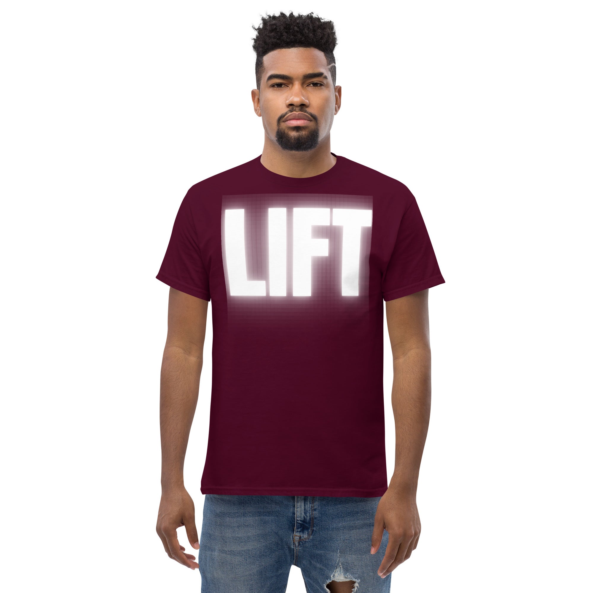 "Lift" Unisex Classic Tee White Text Glow by Dumbbells and Hotels