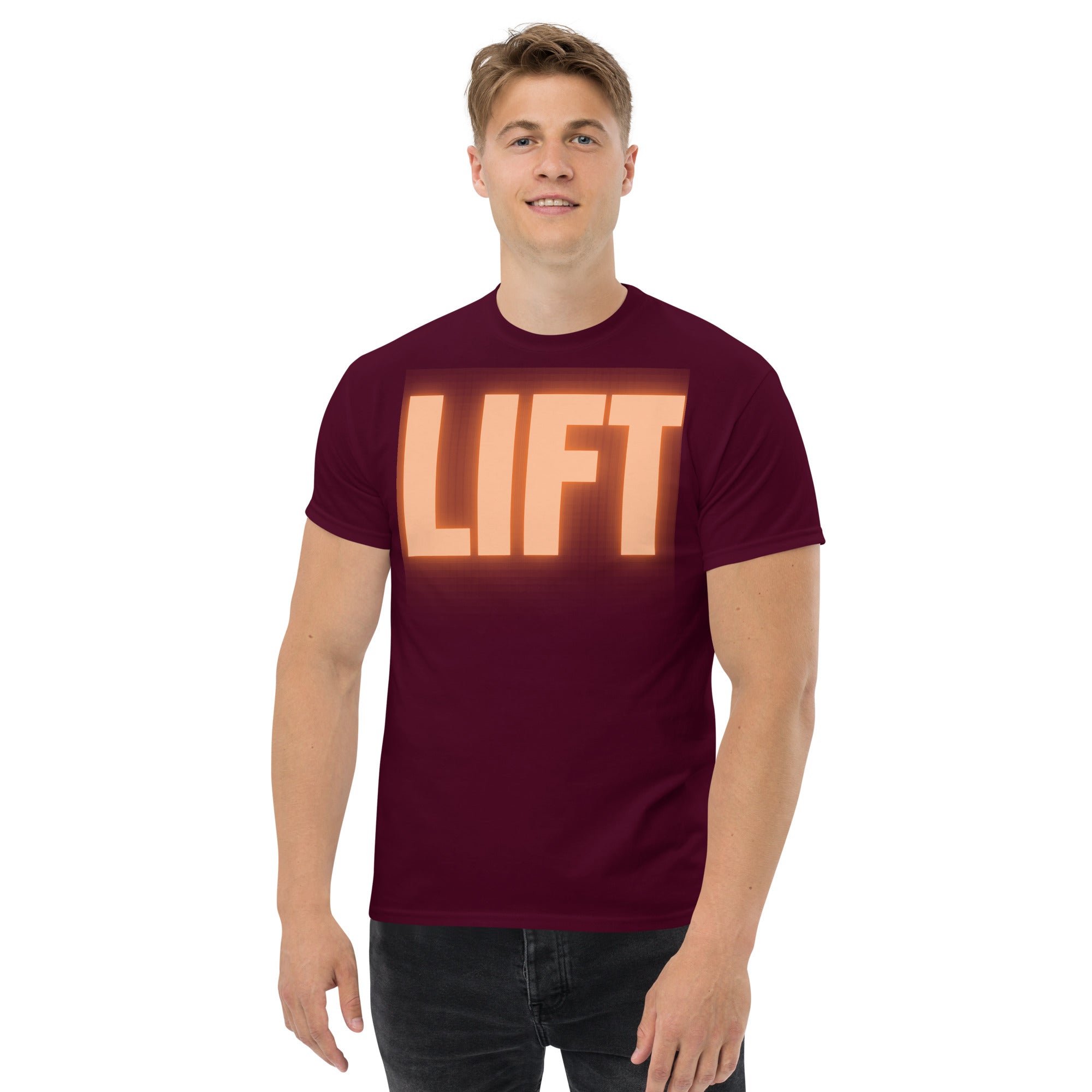 "Lift" Unisex Classic Tee Orange Text Glow by Dumbbells and Hotels