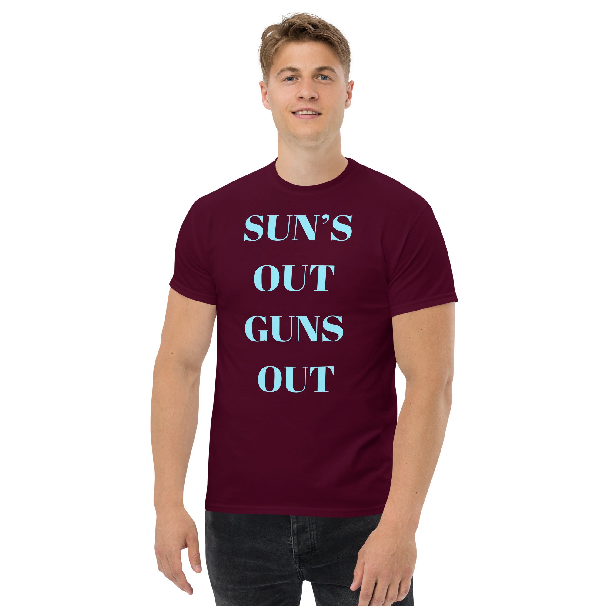 "Sun's Out, Guns Out" Unisex Classic Tee Turquoise Text Glitch by Dumbbells and Hotels