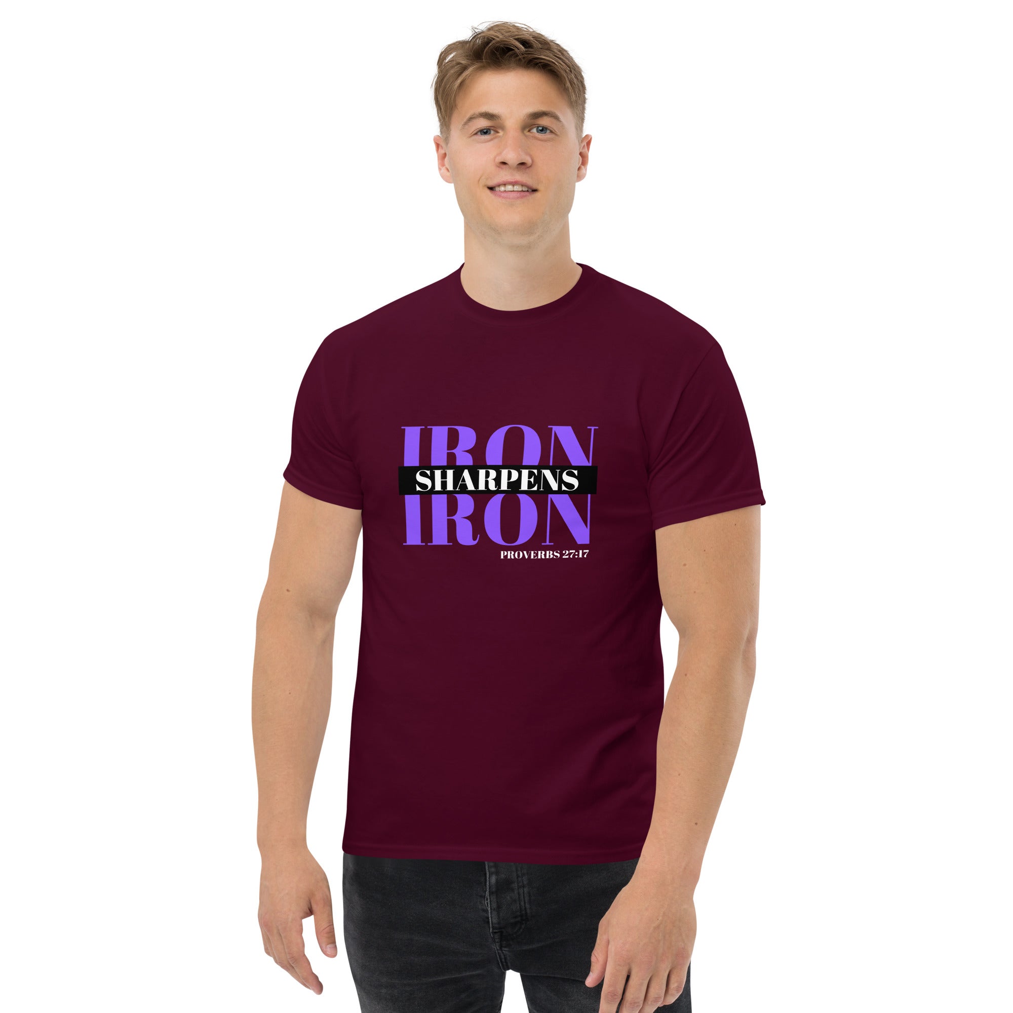 "Iron Sharpens Iron. Proverbs 27:17" Unisex Classic Tee Purple Text Stack by Dumbbells and Hotels