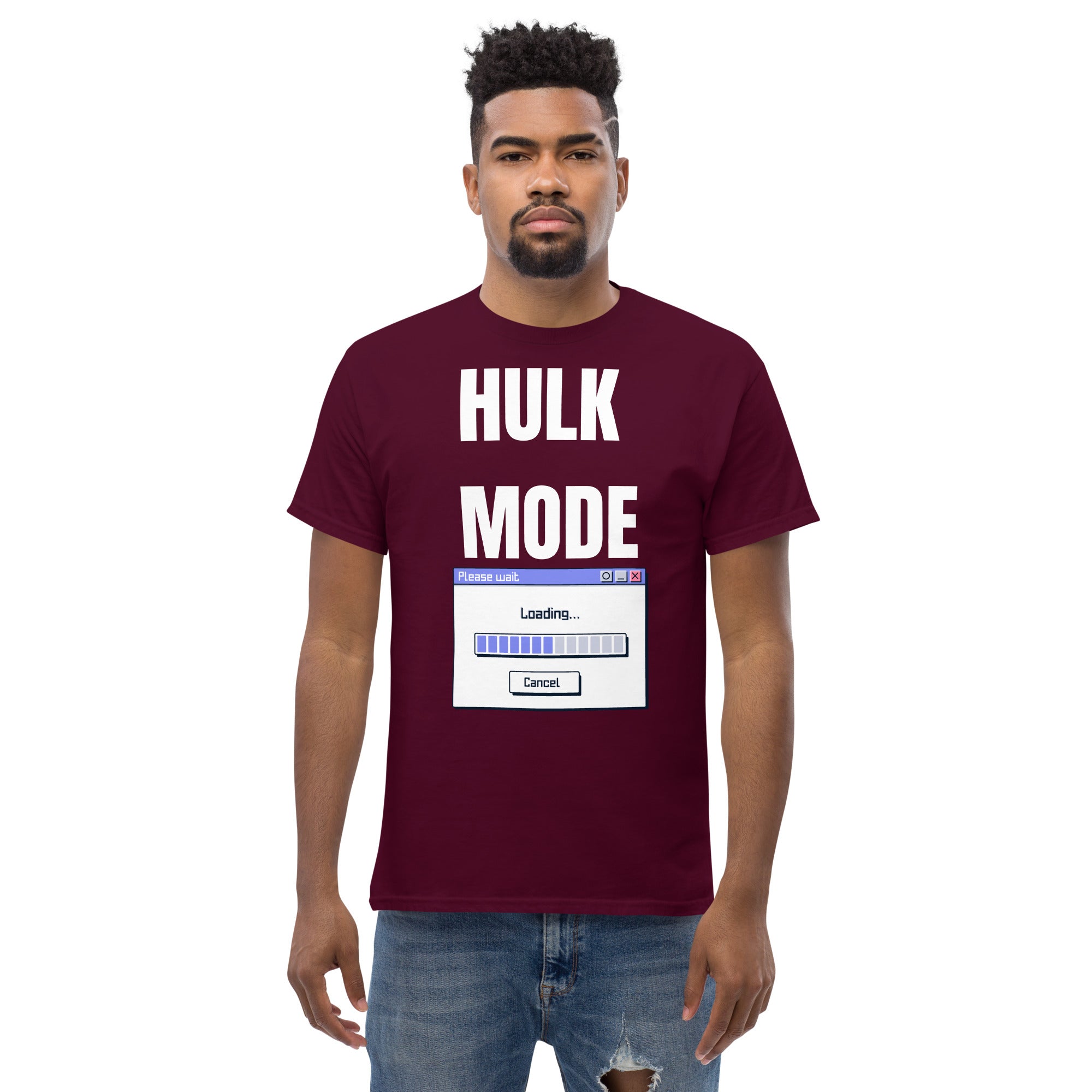 "Hulk Mode" Unisex Classic Tee White Text PC Loading by Dumbbells and Hotels