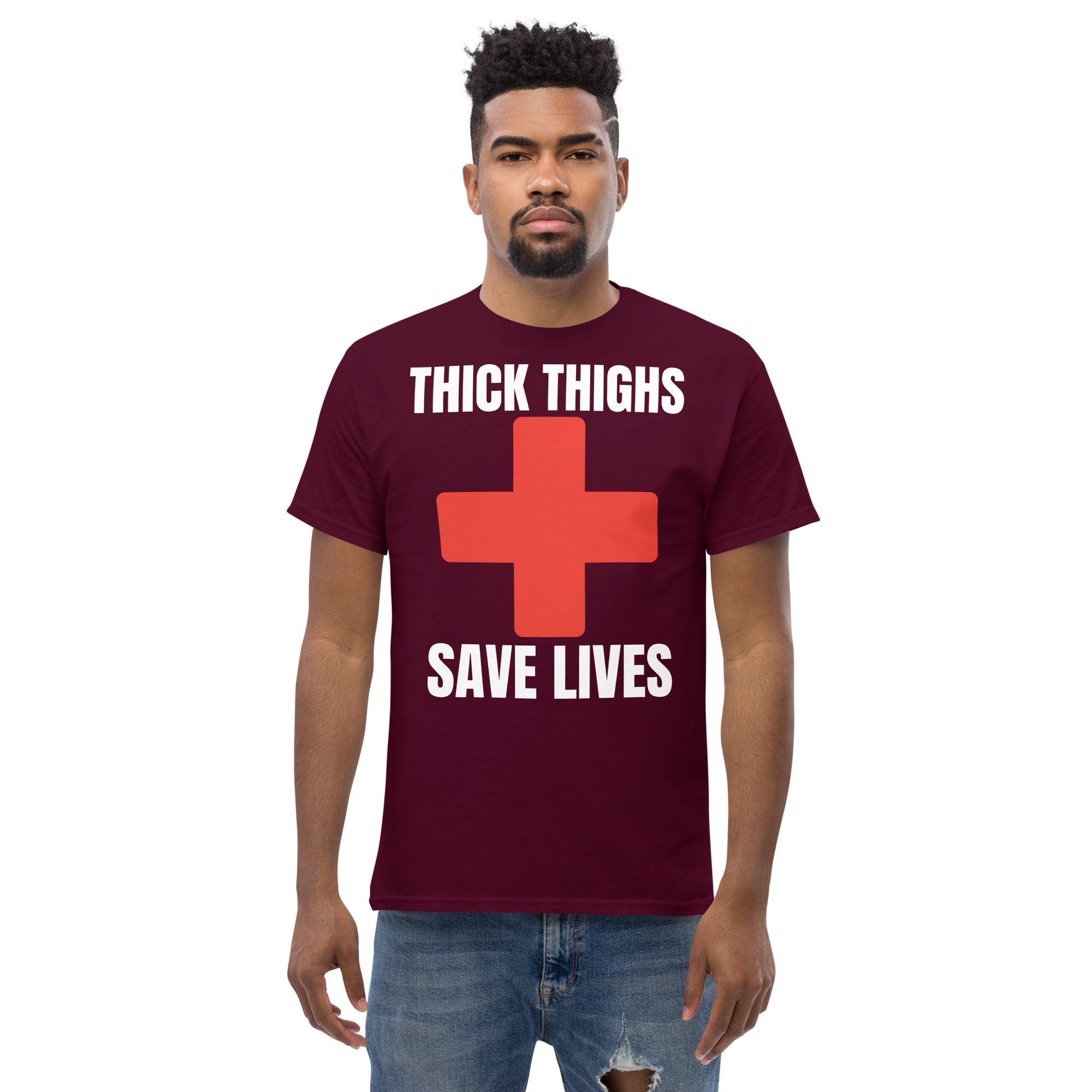 "Thick Thighs Save Lives" Unisex Classic Tee White Text Red Cross by Dumbbells and Hotels