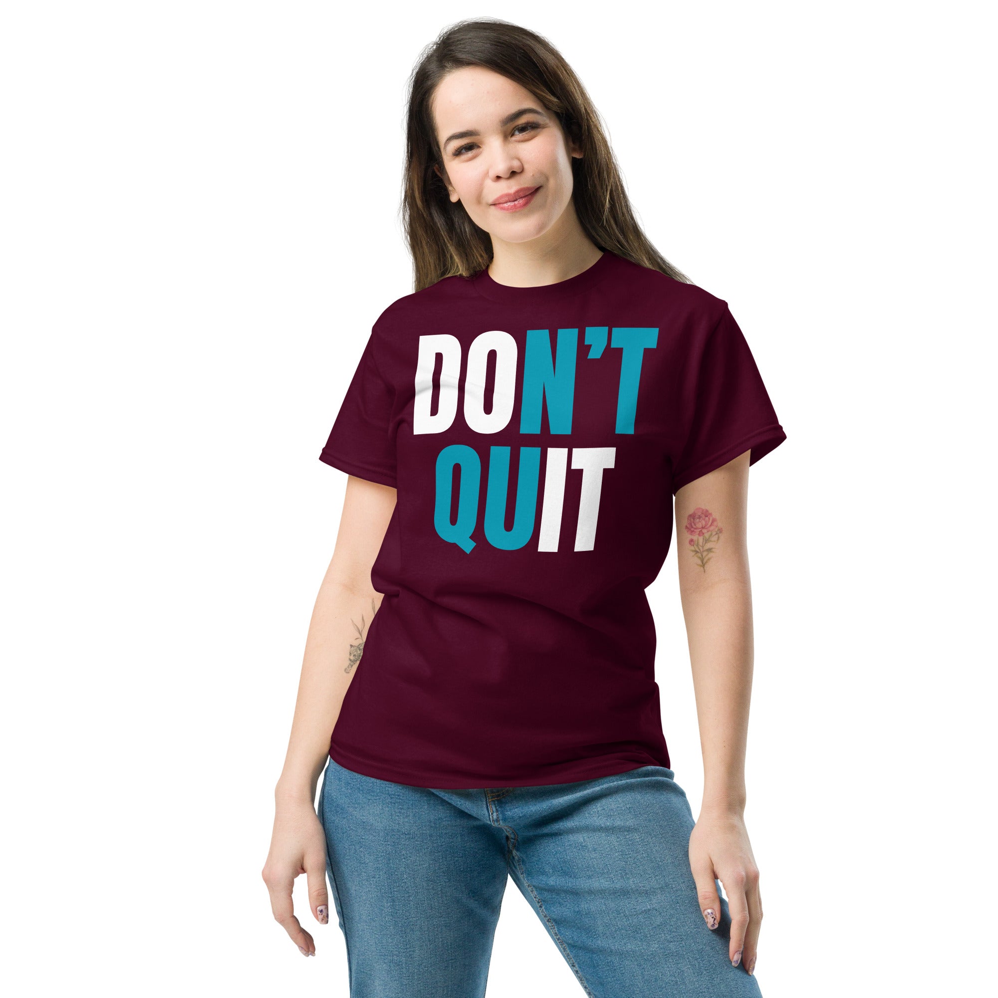 "Don't Quit" Unisex Classic Tee White & Turquoise Text by Dumbbells and Hotels