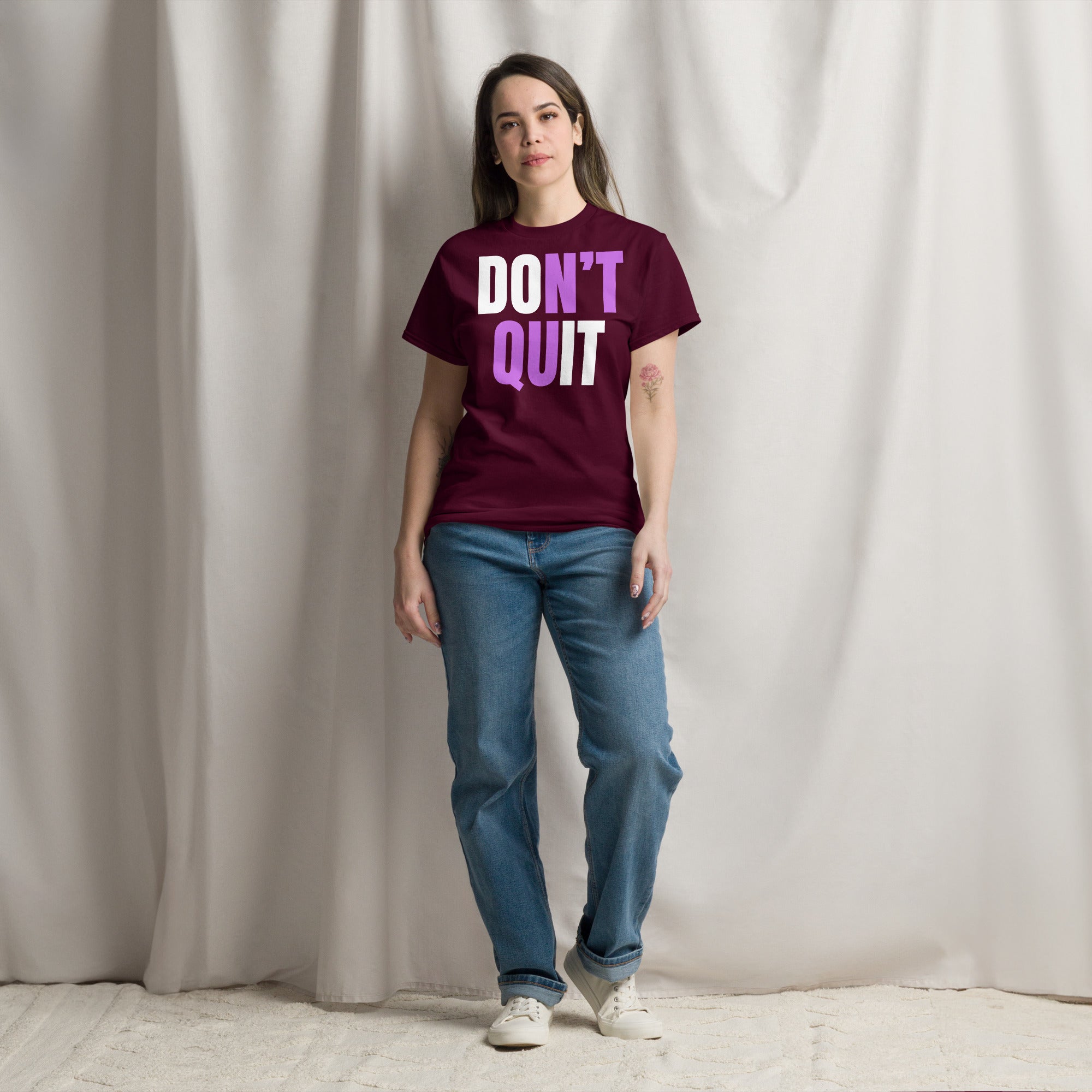 "Don't Quit" Unisex Classic Tee White & Purple Text by Dumbbells and Hotels