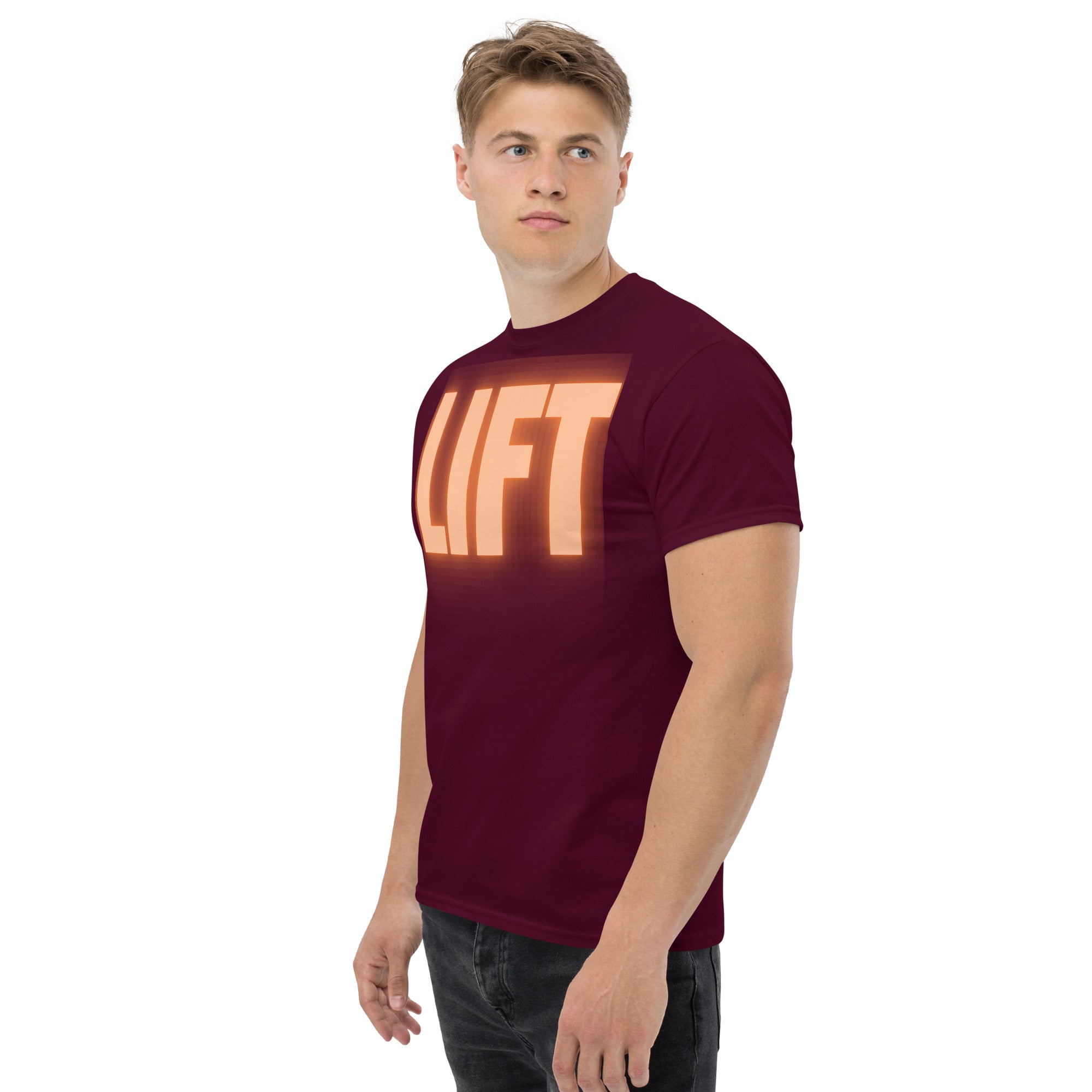 "Lift" Unisex Classic Tee Orange Text Glow by Dumbbells and Hotels