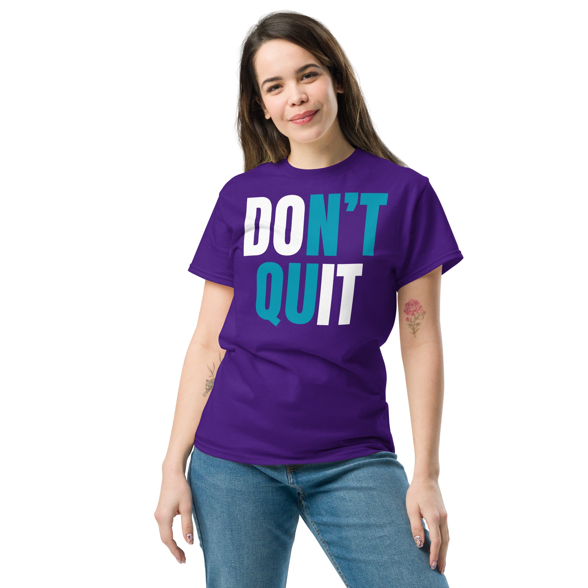 "Don't Quit" Unisex Classic Tee White & Turquoise Text by Dumbbells and Hotels