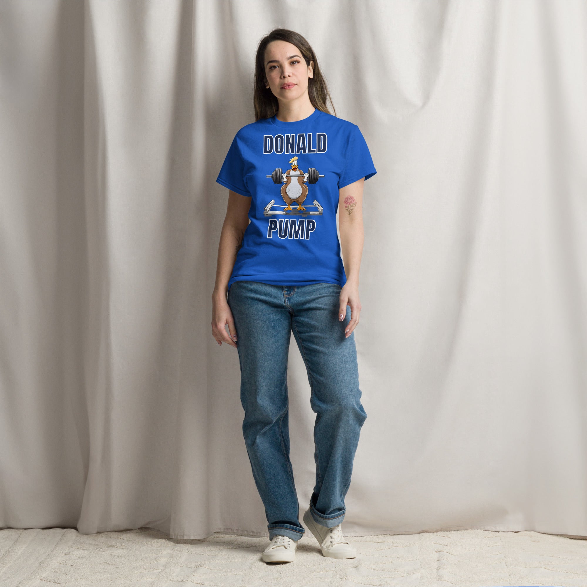 "Donald Pump" Unisex Classic Tee Blue Text Lifting Duck by Dumbbells and Hotels