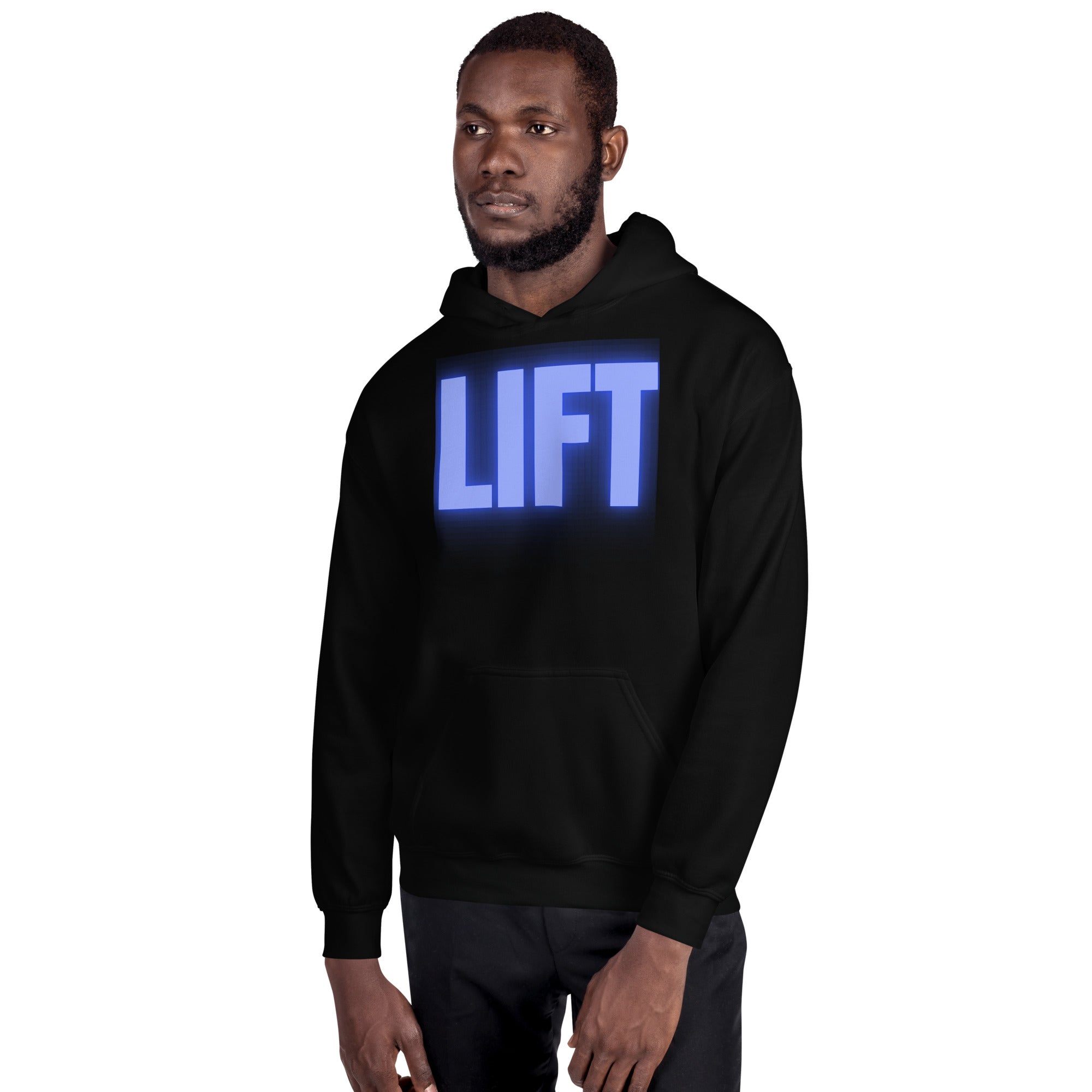 "Lift" Unisex Hoodie Blue Text Glow by Dumbbells and Hotels