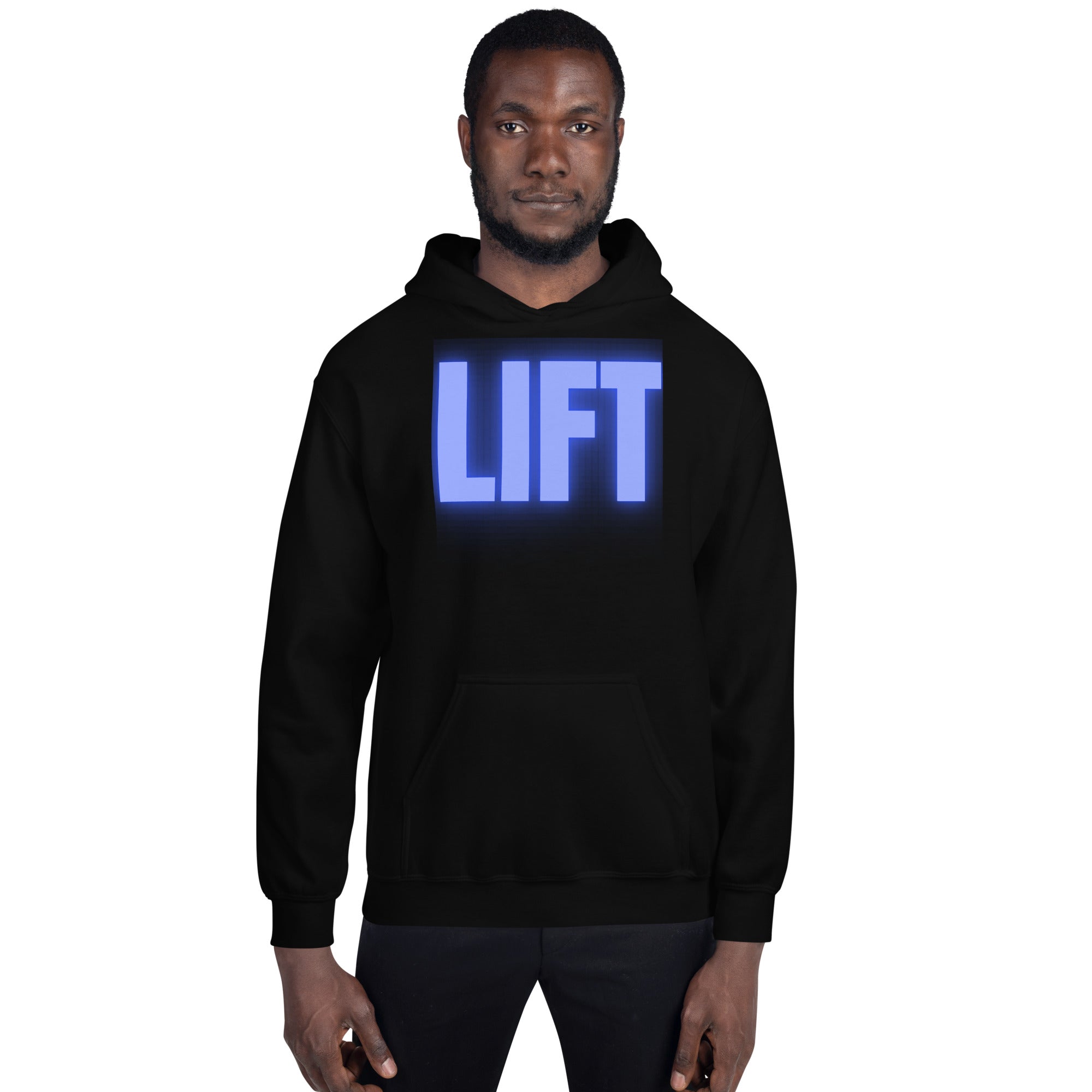 "Lift" Unisex Hoodie Blue Text Glow by Dumbbells and Hotels