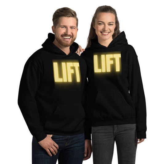 "Lift" Unisex Hoodie Yellow Text Glow by Dumbbells and Hotels