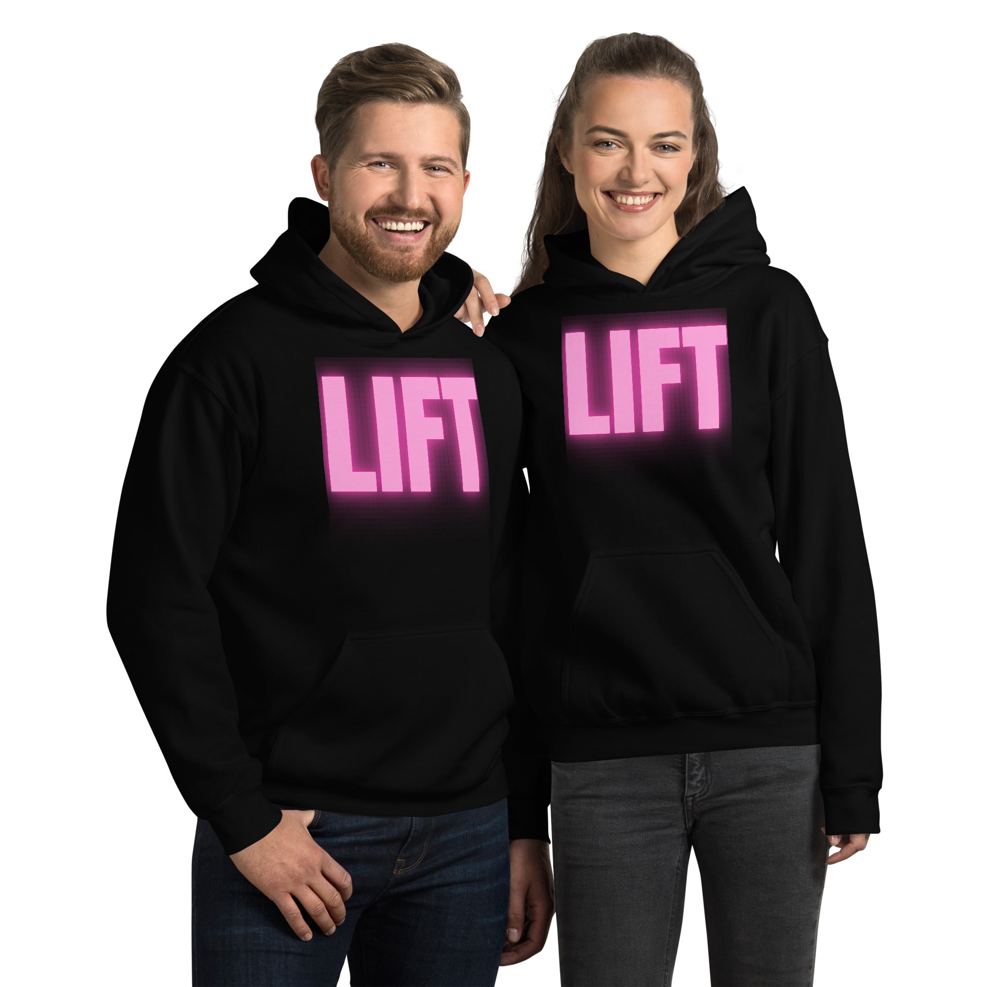 "Lift" Unisex Hoodie Pink Text Glow by Dumbbells and Hotels